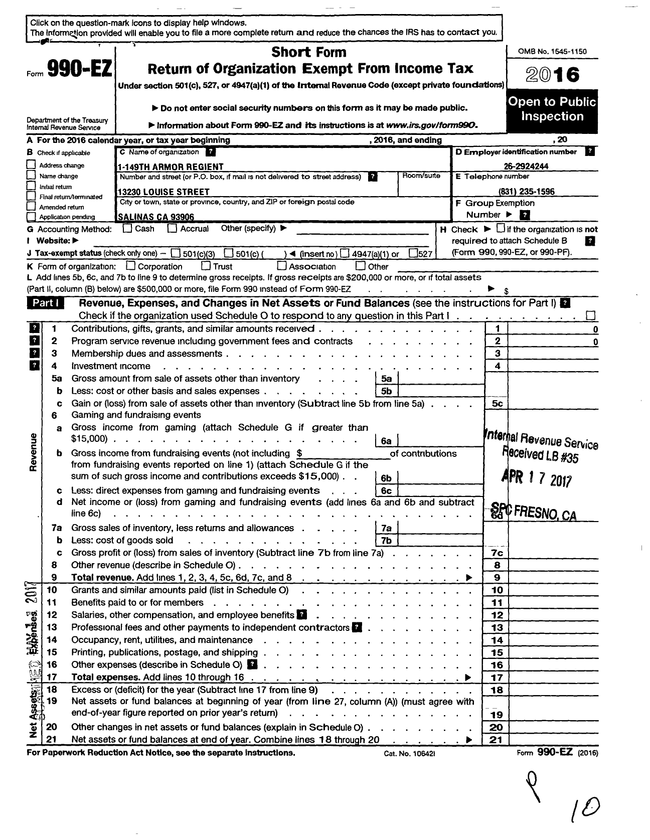 Image of first page of 2016 Form 990EO for 149th Armor Regiment