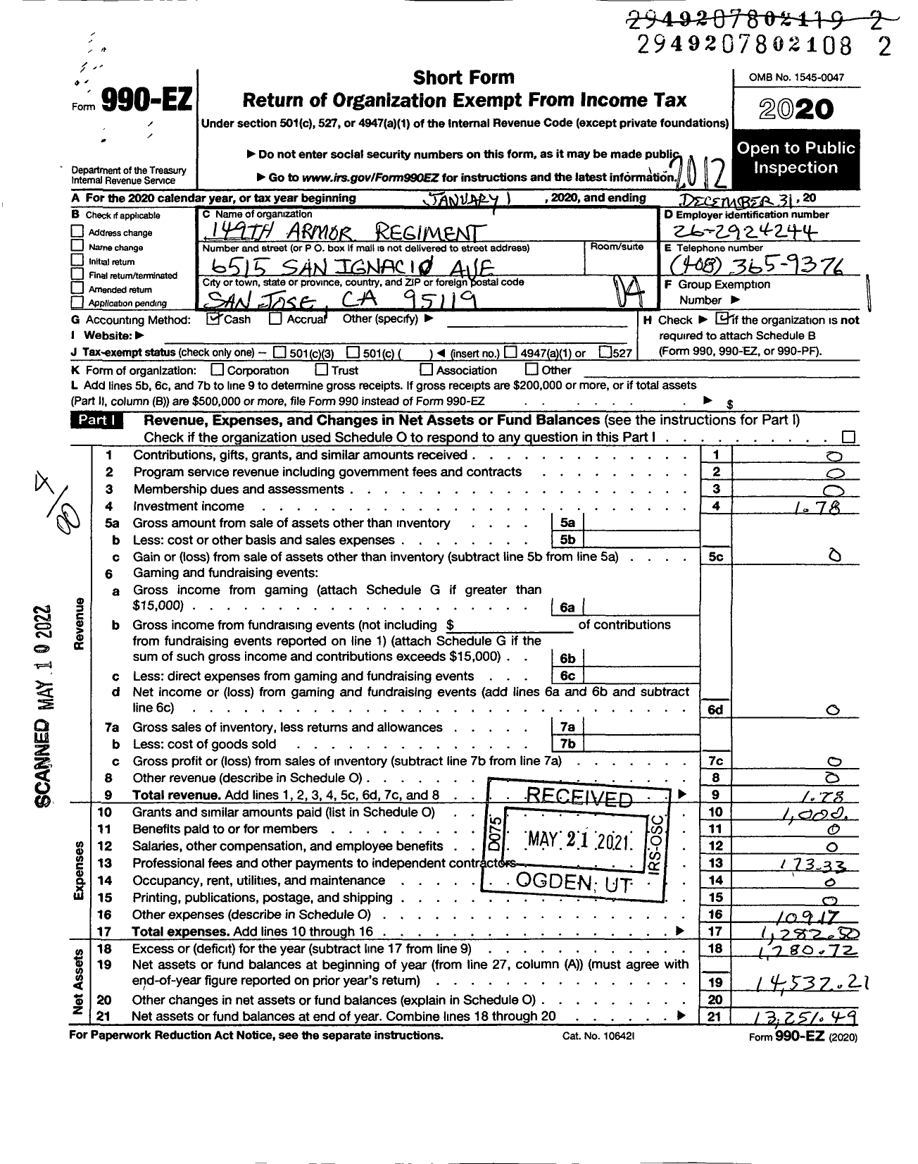 Image of first page of 2020 Form 990EO for 149th Armor Regiment