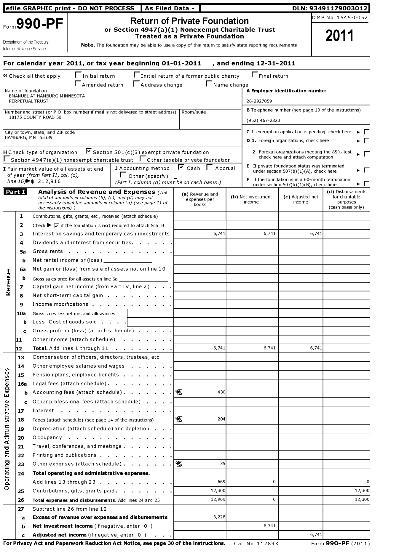 Image of first page of 2011 Form 990PF for Emanuel at Hamburg Minnesota Buckentin