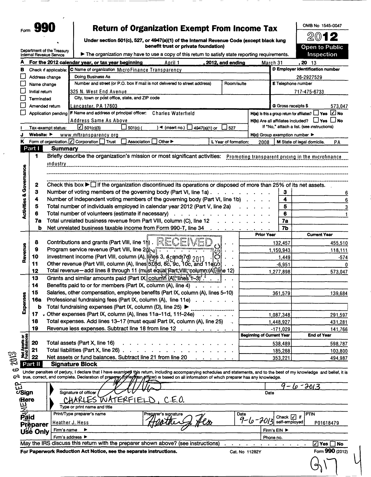 Image of first page of 2012 Form 990 for Microfinance Transparency