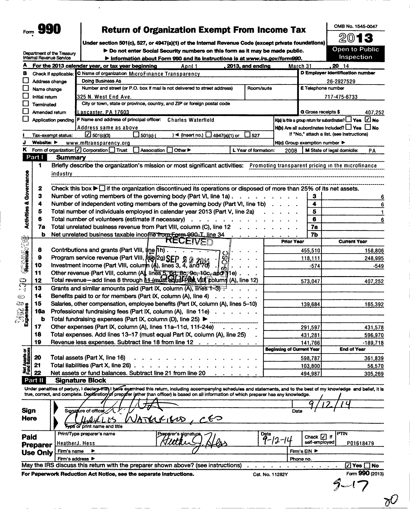 Image of first page of 2013 Form 990 for Microfinance Transparency