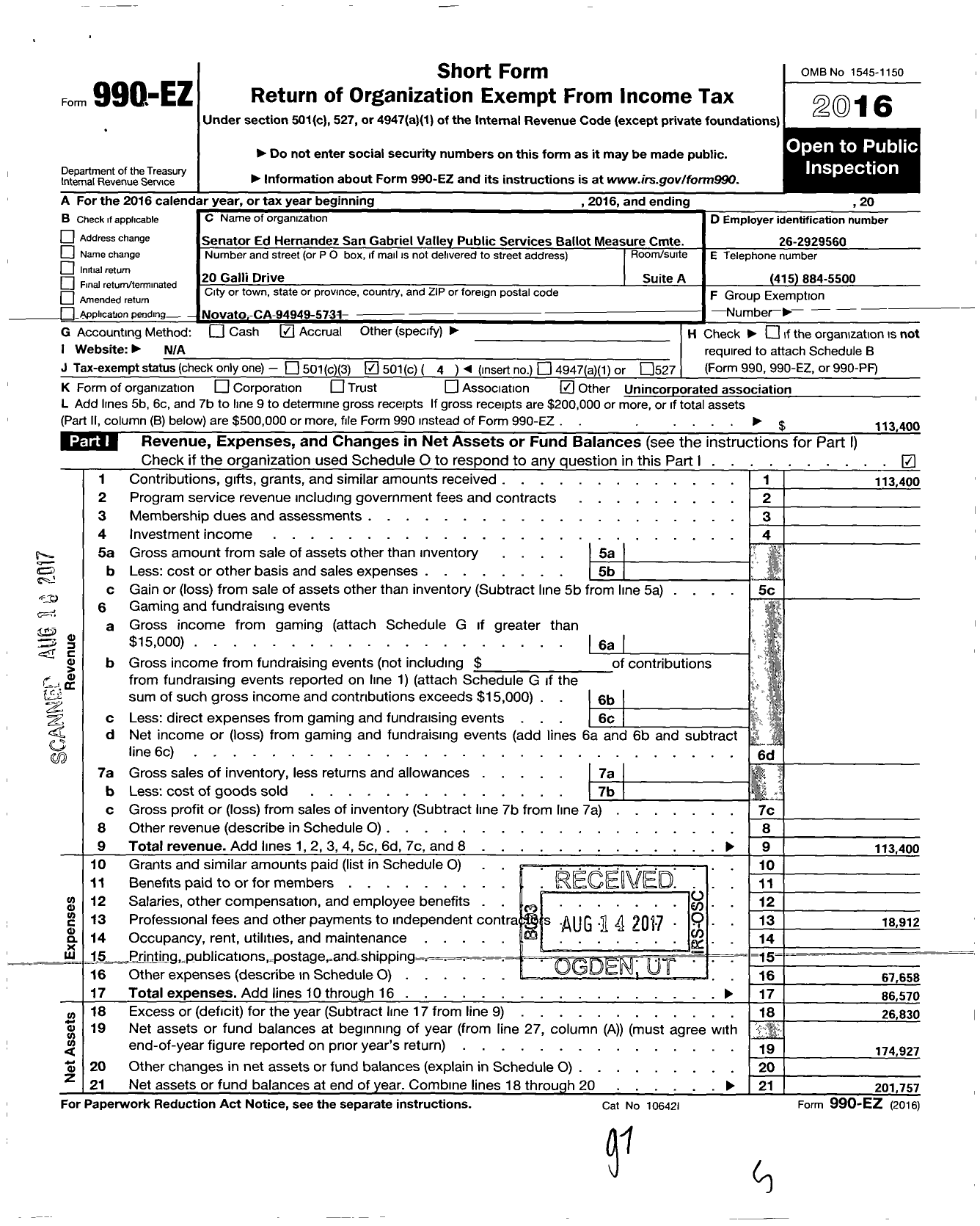 Image of first page of 2016 Form 990EO for Senator Ed Hernandez San Gabriel Vly Public Services Ballot Measure