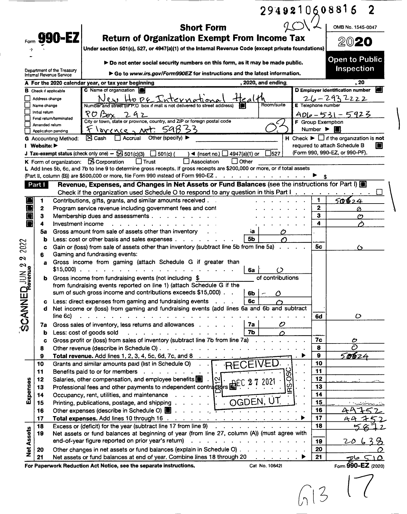Image of first page of 2020 Form 990EZ for New Hope International Hospital