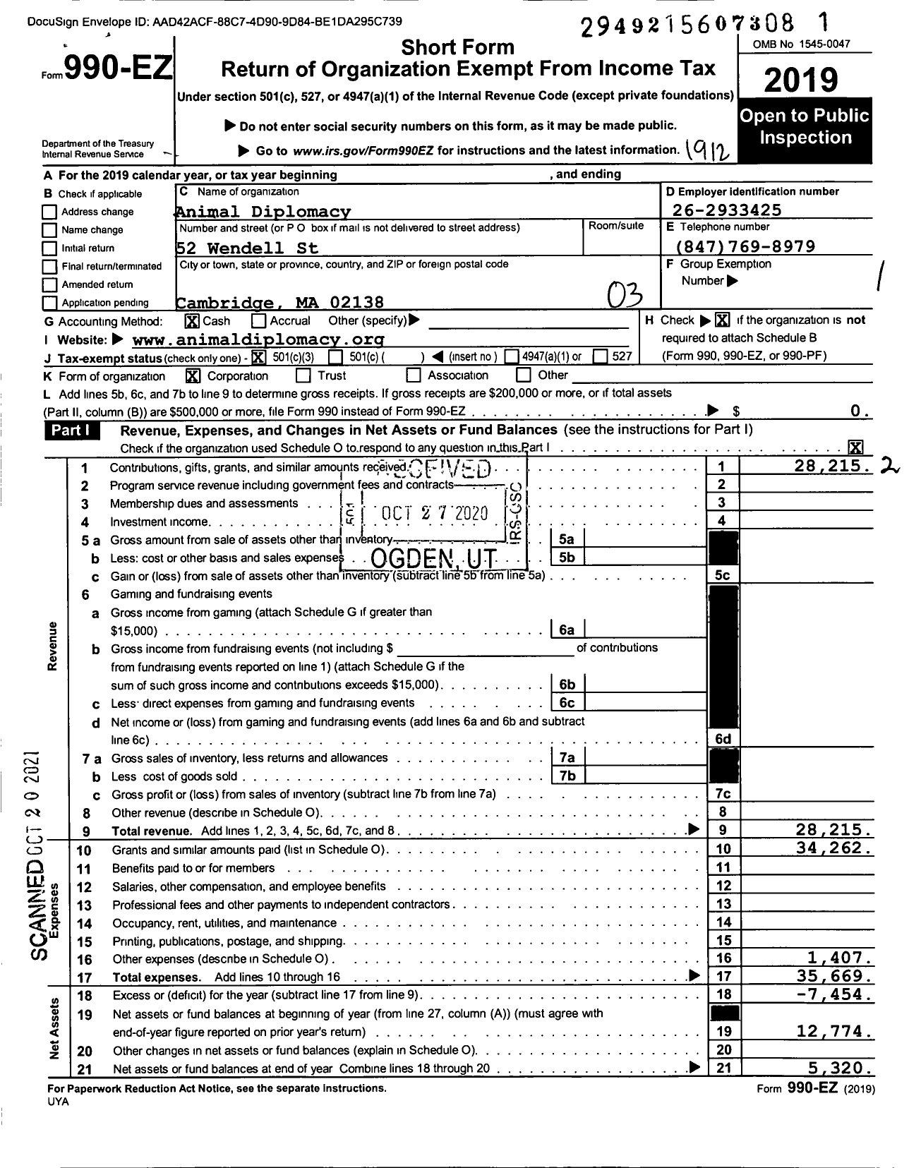 Image of first page of 2019 Form 990EZ for Animal Diplomacy