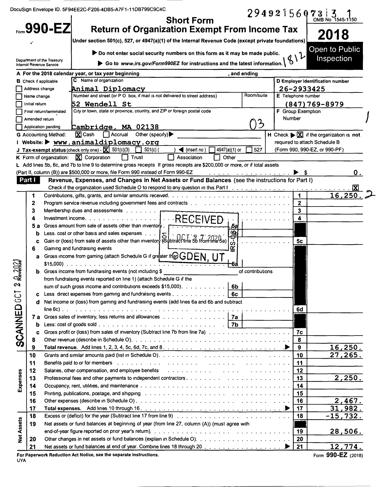 Image of first page of 2018 Form 990EZ for Animal Diplomacy