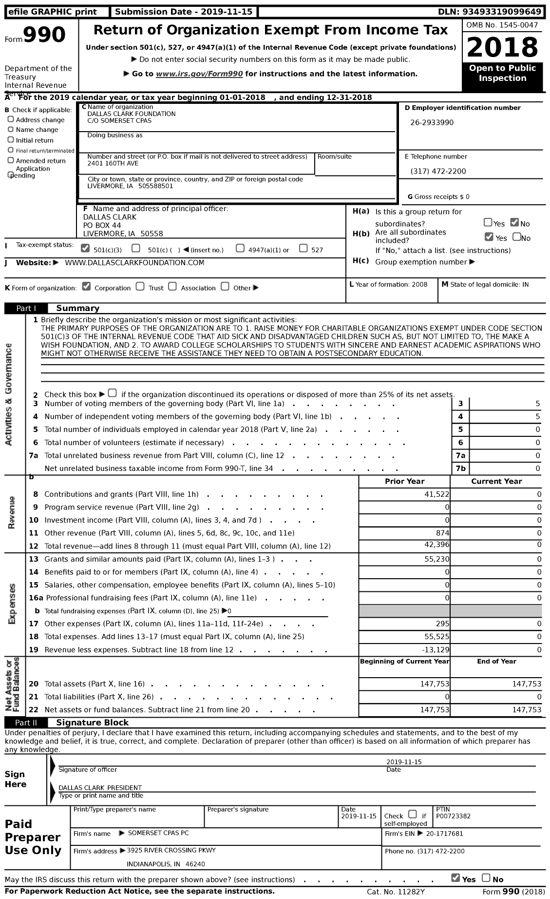 Image of first page of 2018 Form 990 for Dallas Clark Foundation