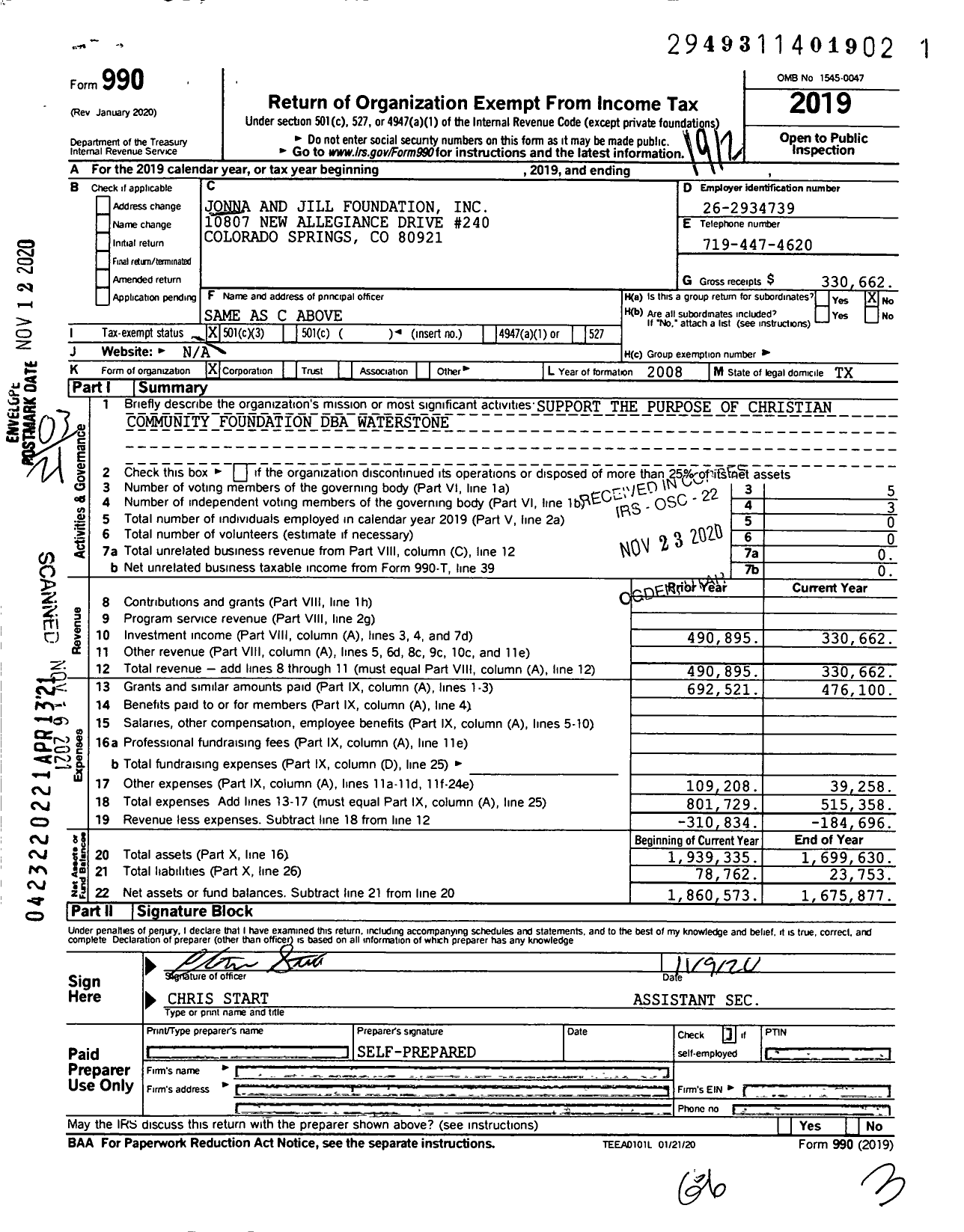 Image of first page of 2019 Form 990 for Jonna and Jill Foundation