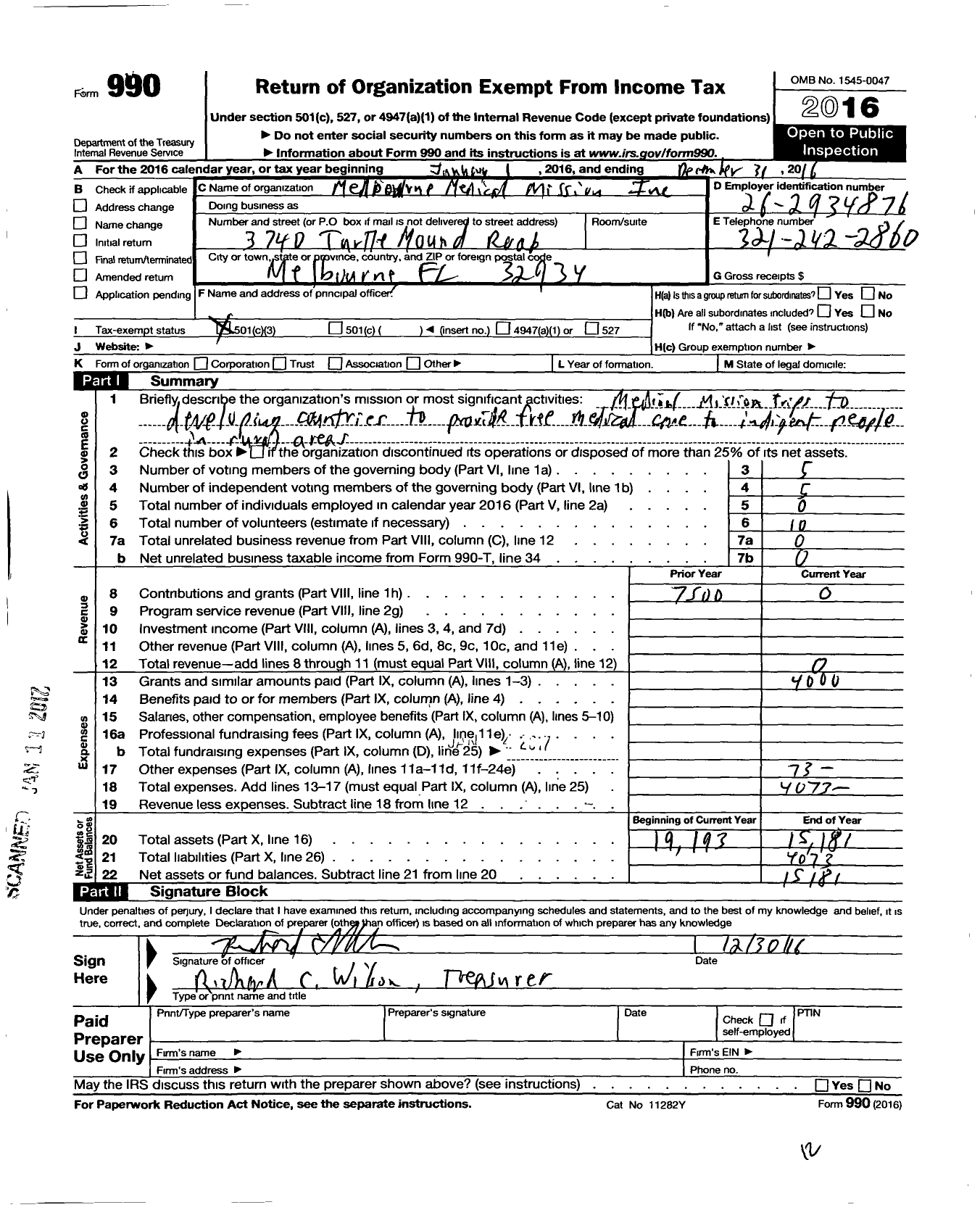 Image of first page of 2016 Form 990 for Melbourne Medical Mission