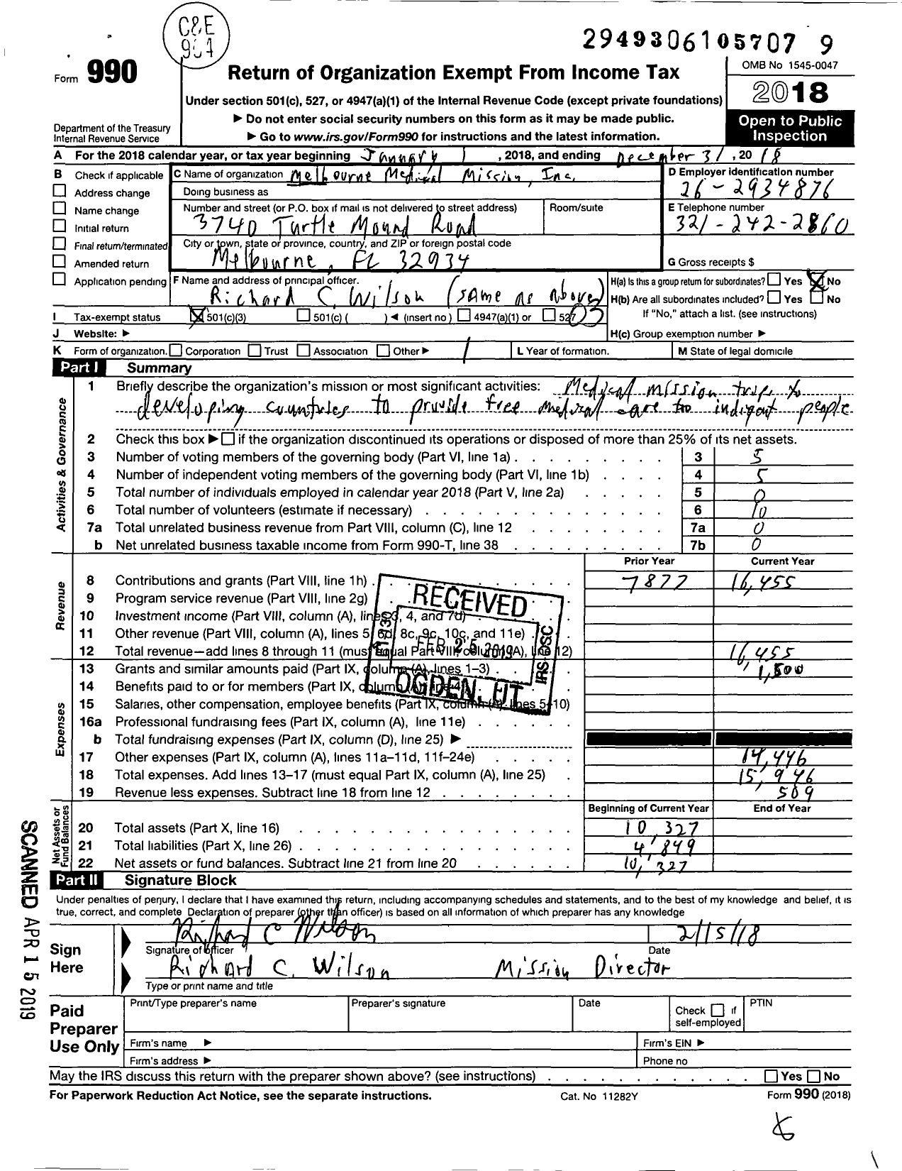 Image of first page of 2018 Form 990 for Melbourne Medical Mission