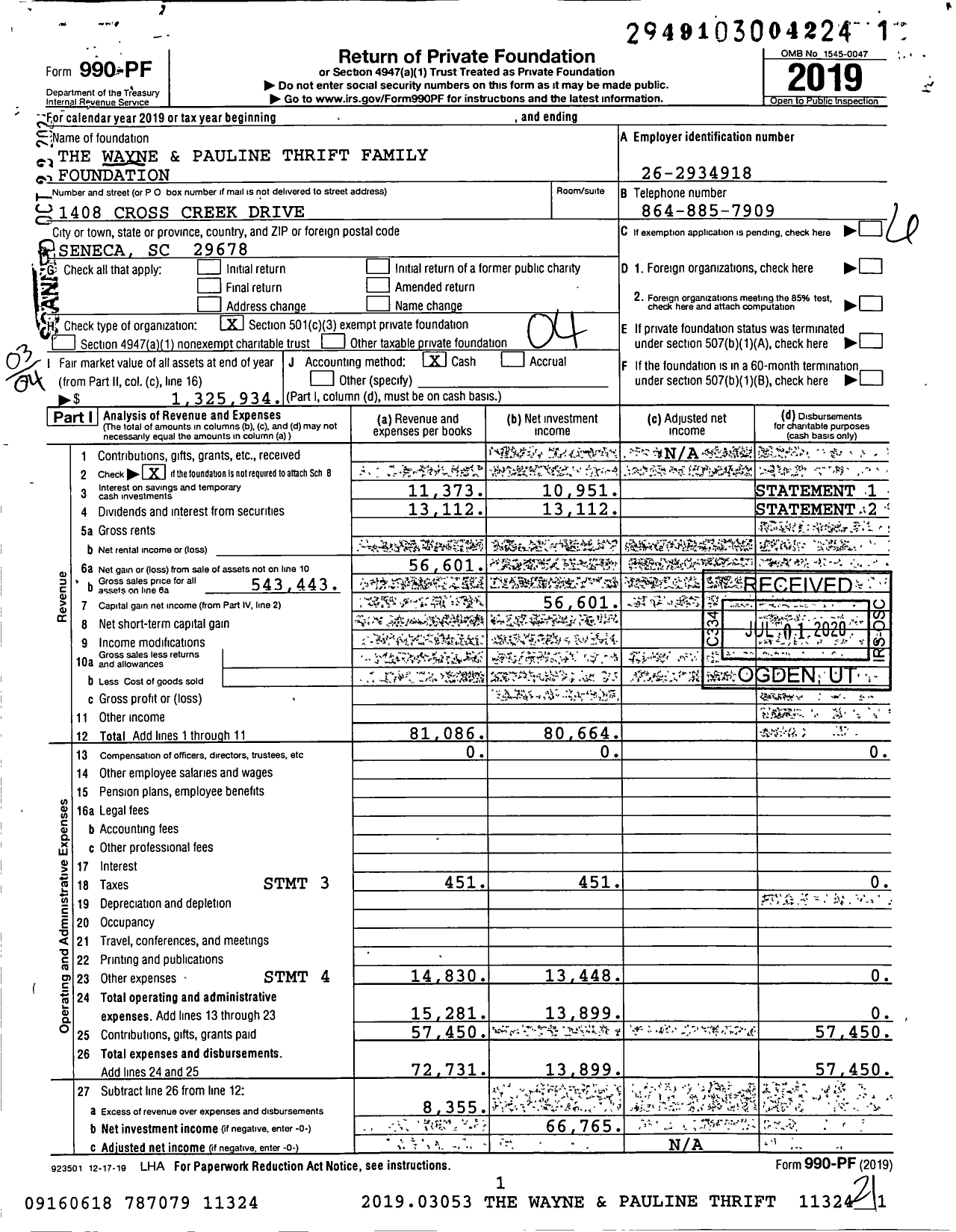 Image of first page of 2019 Form 990PF for The Wayne and Pauline Thrift Family Foundation