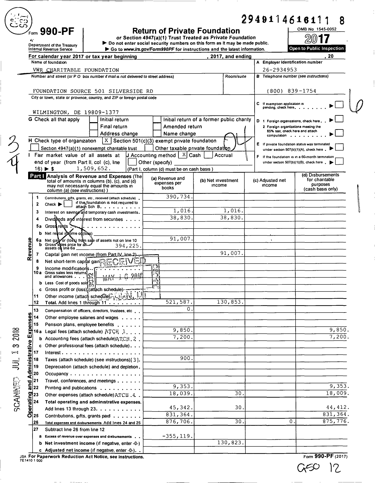 Image of first page of 2017 Form 990PF for VWR Charitable Foundation