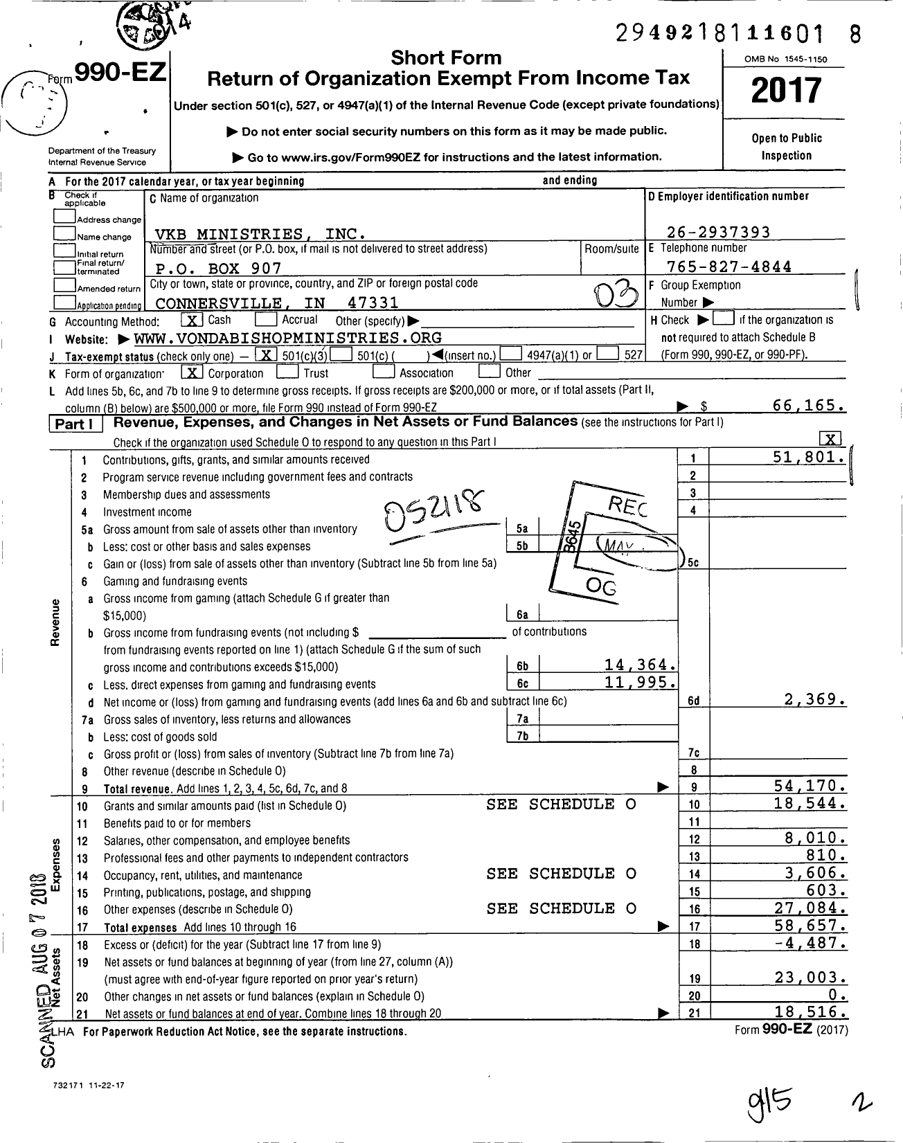 Image of first page of 2017 Form 990EZ for VKB Ministries