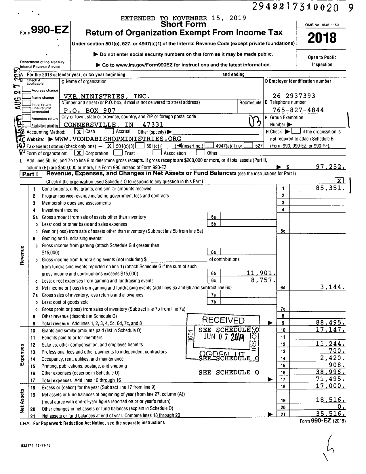 Image of first page of 2018 Form 990EZ for VKB Ministries