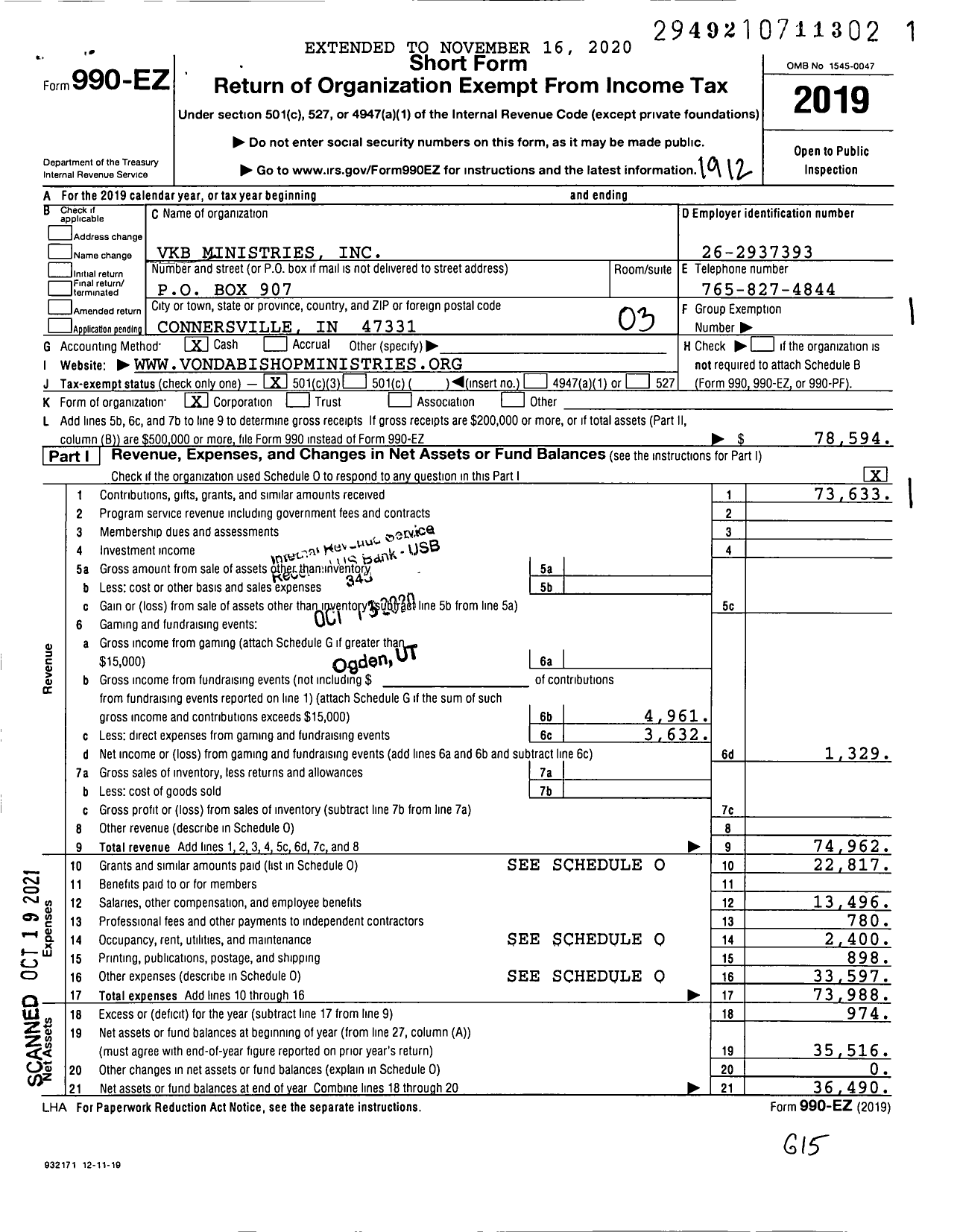 Image of first page of 2019 Form 990EZ for VKB Ministries