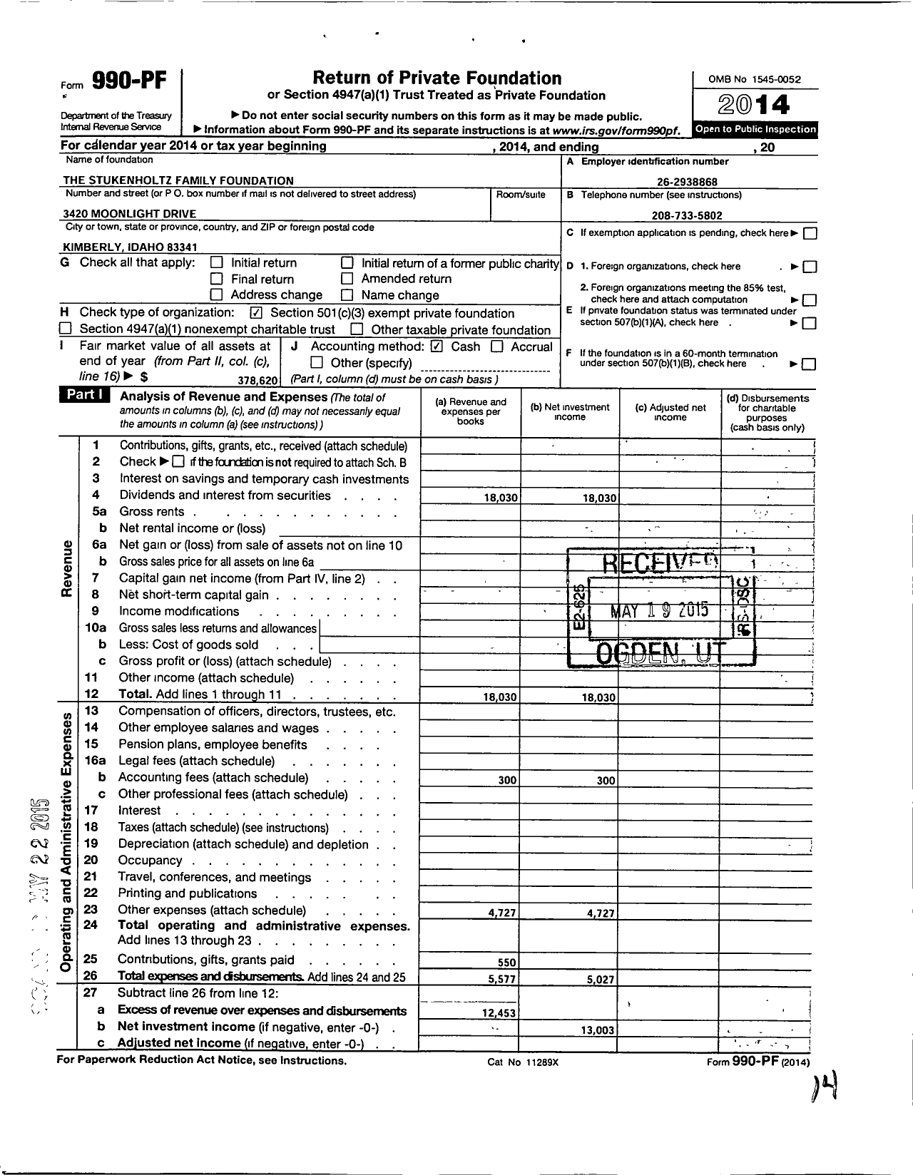 Image of first page of 2014 Form 990PF for Stukenholtz Family Foundation