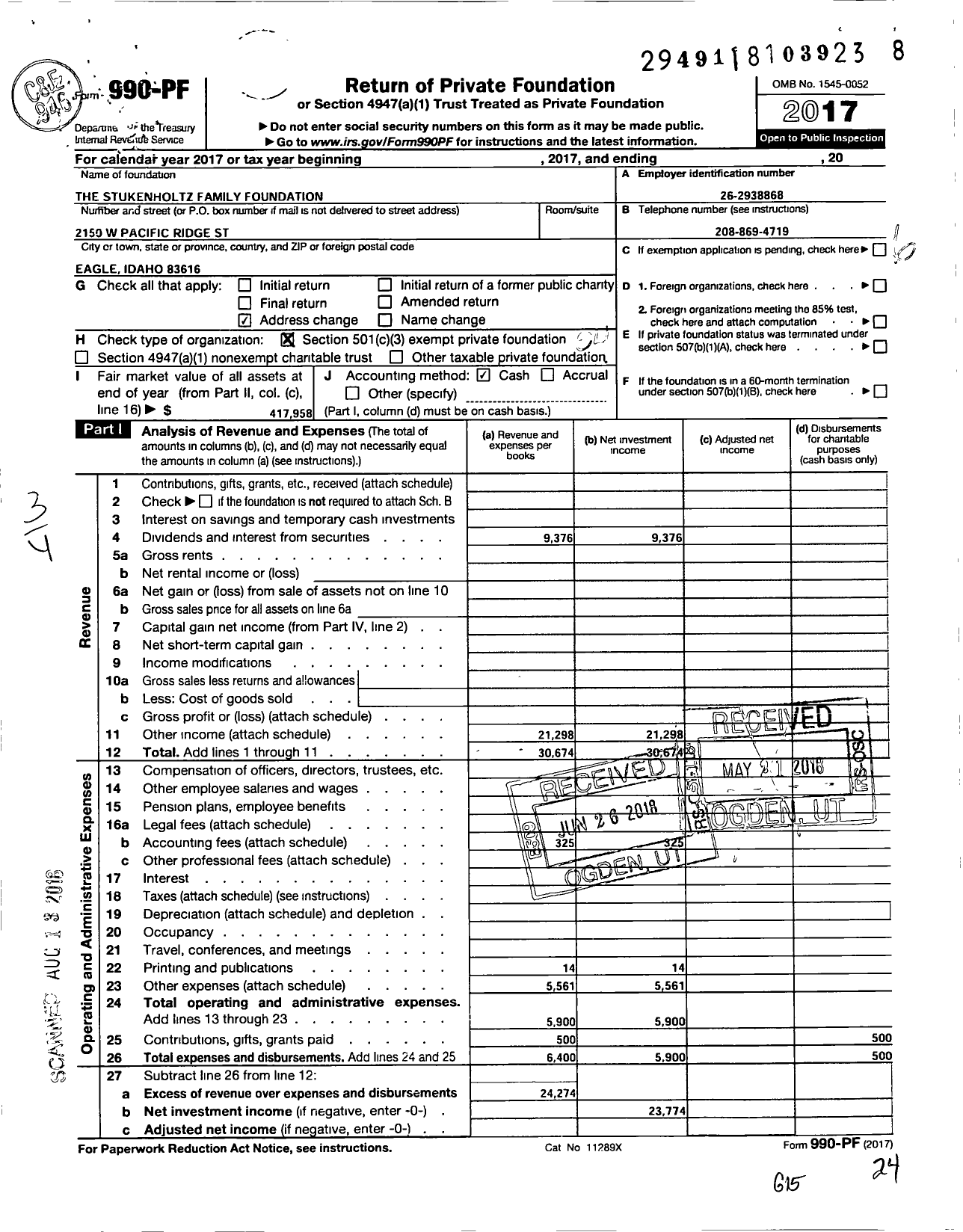 Image of first page of 2017 Form 990PF for Stukenholtz Family Foundation