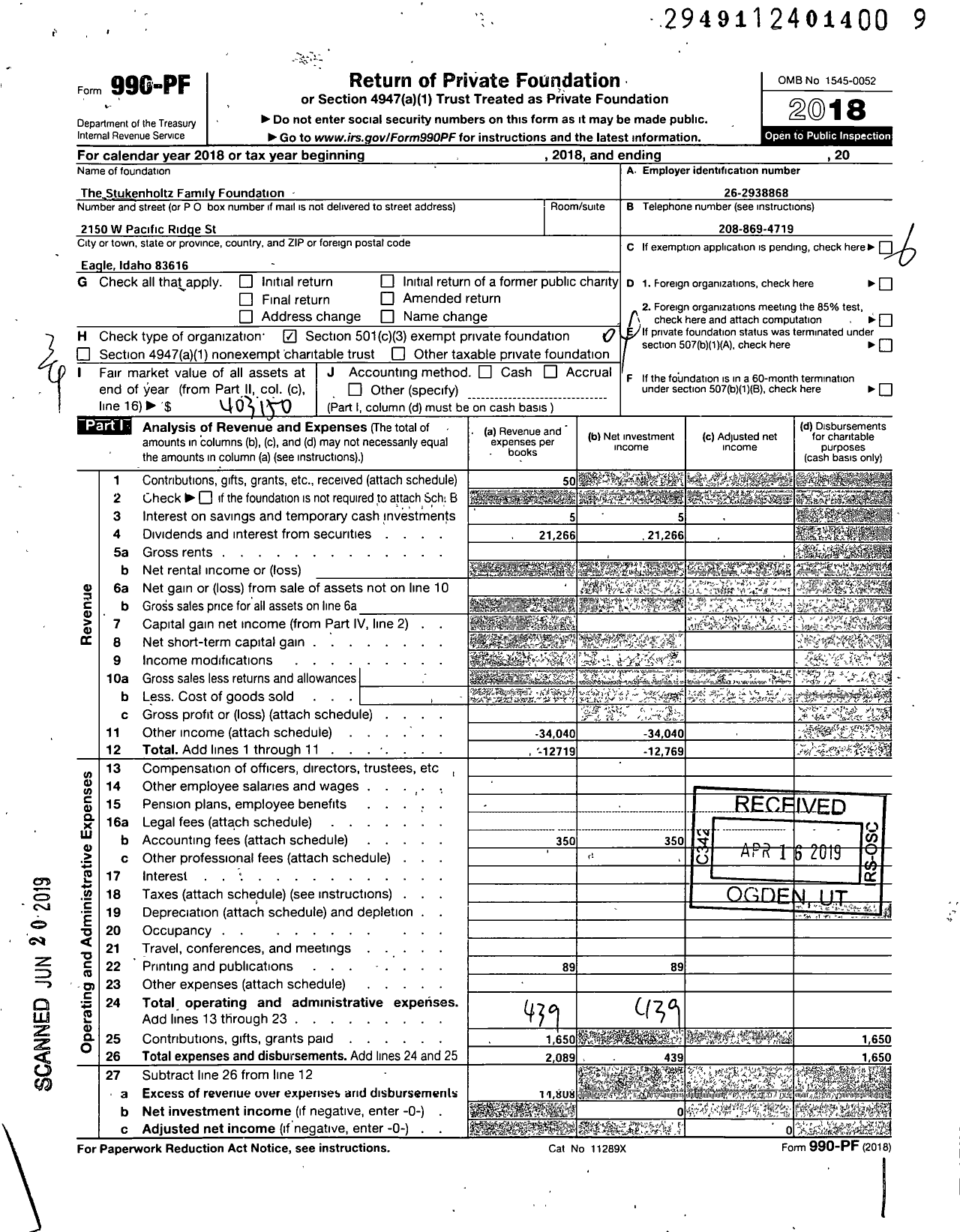 Image of first page of 2018 Form 990PF for Stukenholtz Family Foundation