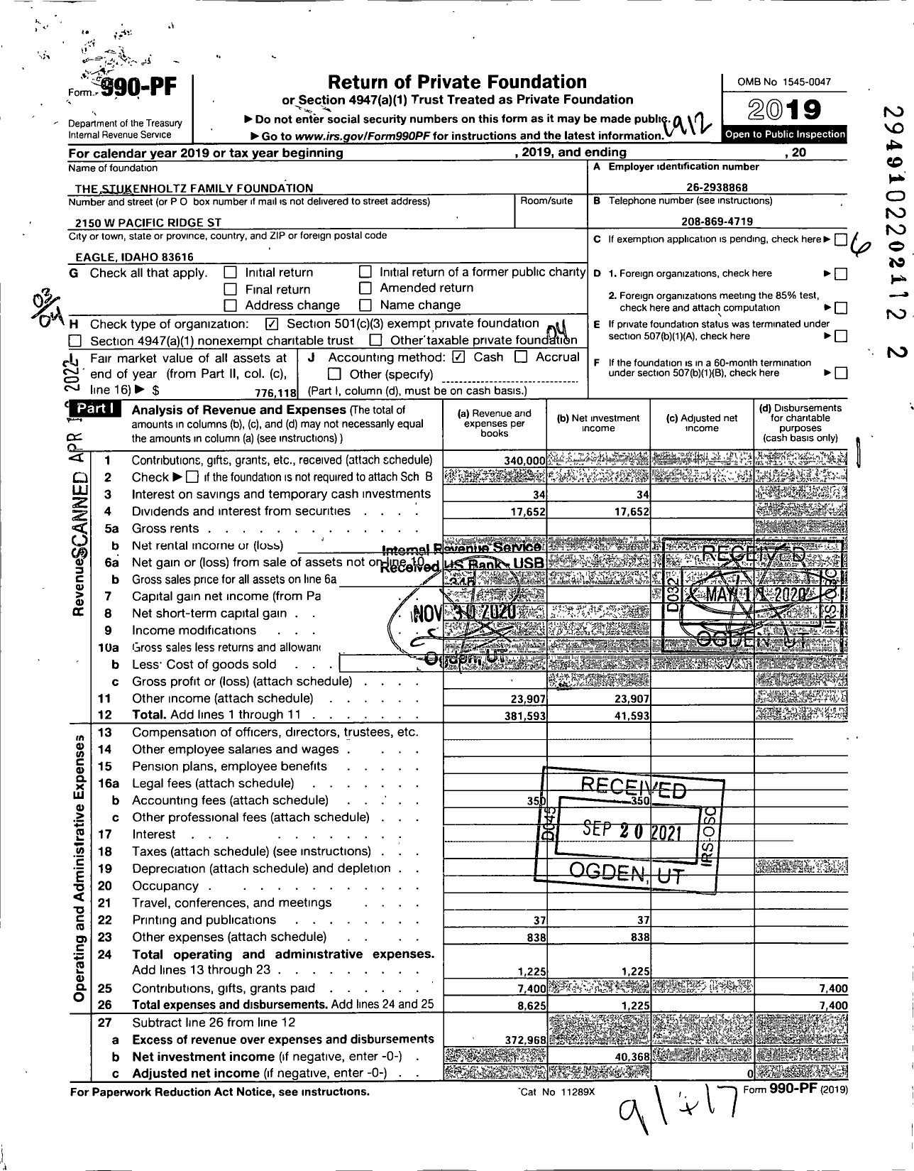 Image of first page of 2019 Form 990PF for Stukenholtz Family Foundation