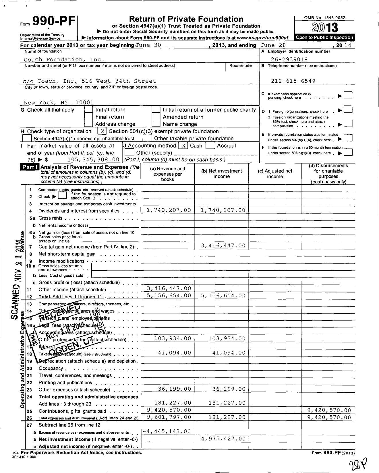 Image of first page of 2013 Form 990PF for Coach Foundation