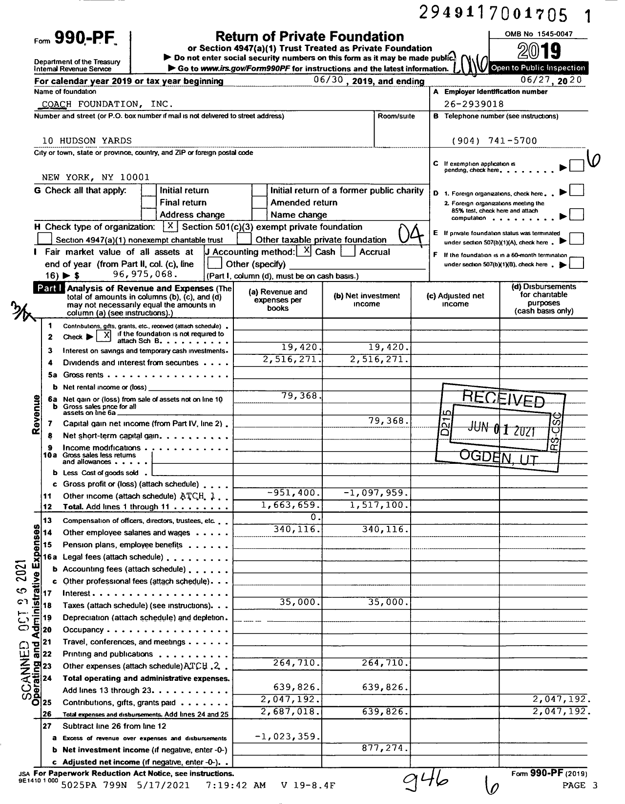 Image of first page of 2019 Form 990PF for Coach Foundation