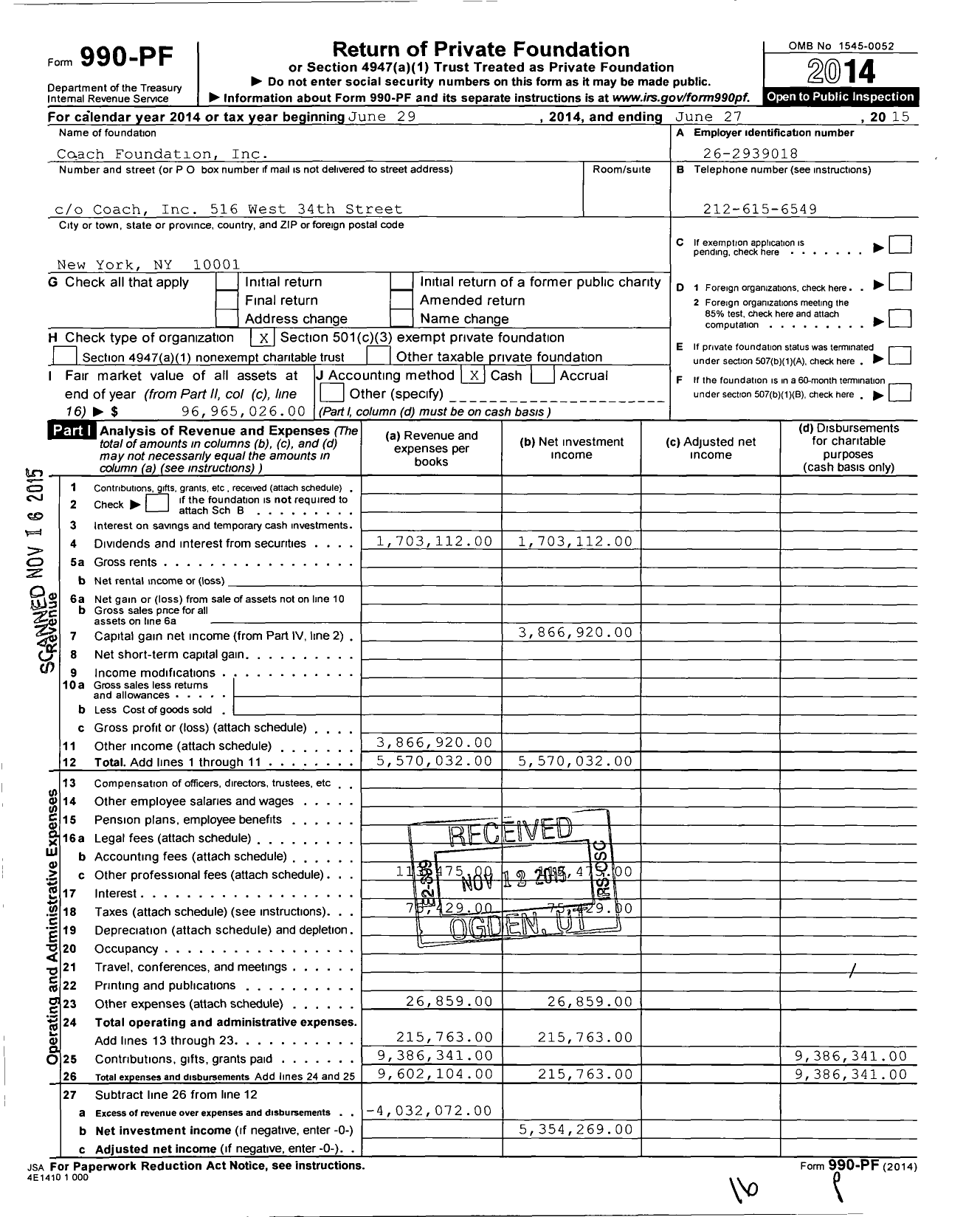 Image of first page of 2014 Form 990PF for Coach Foundation