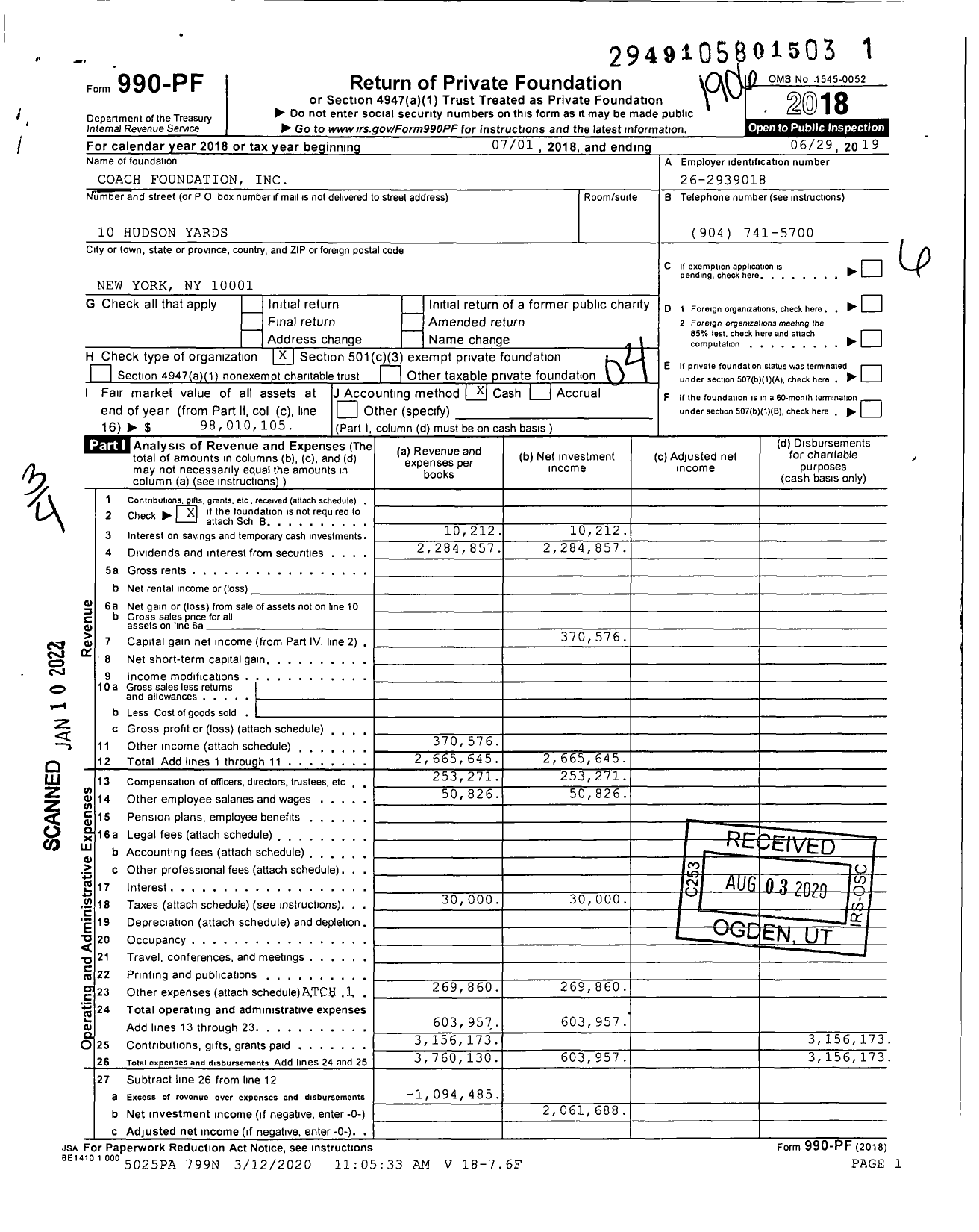 Image of first page of 2018 Form 990PF for Coach Foundation