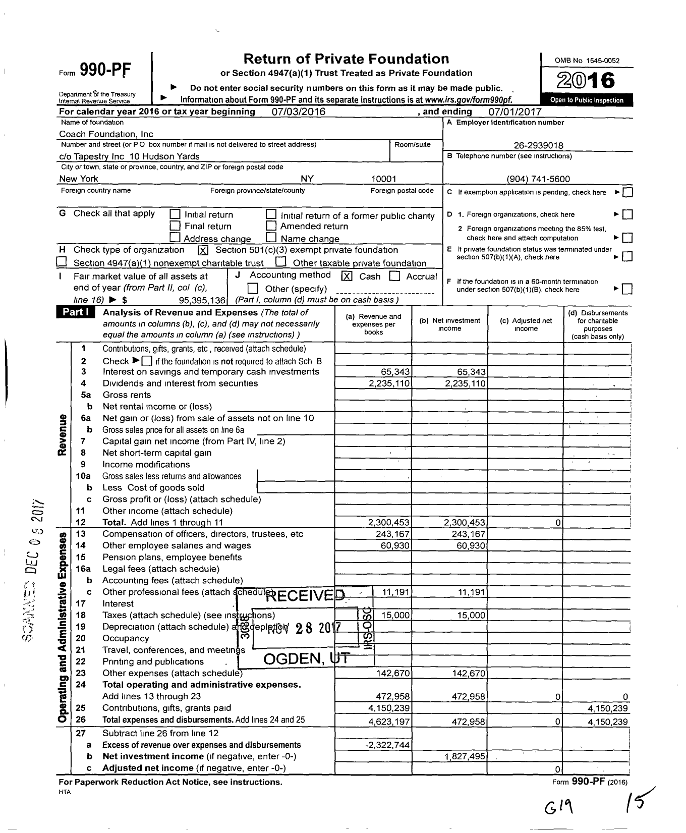 Image of first page of 2016 Form 990PF for Coach Foundation