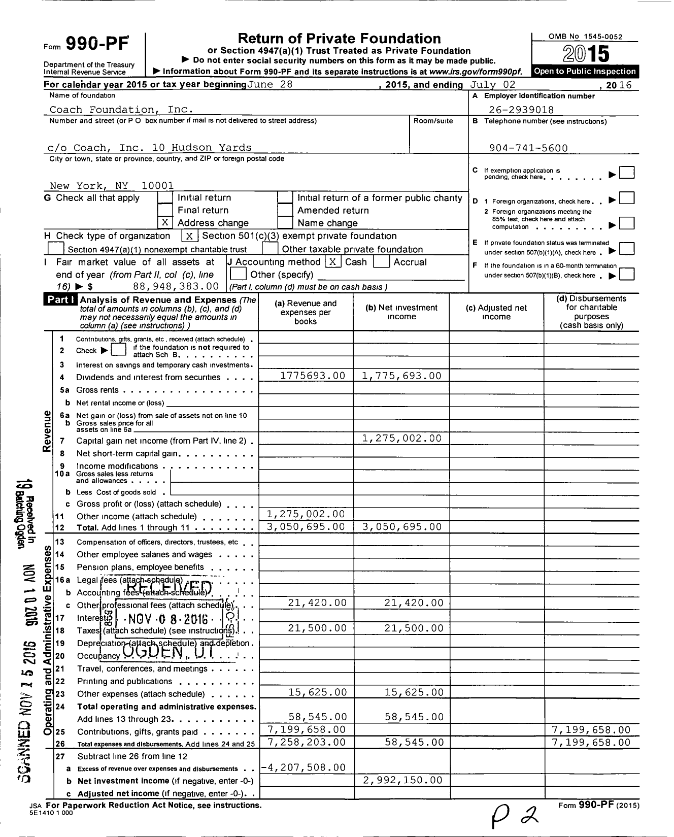 Image of first page of 2015 Form 990PF for Coach Foundation
