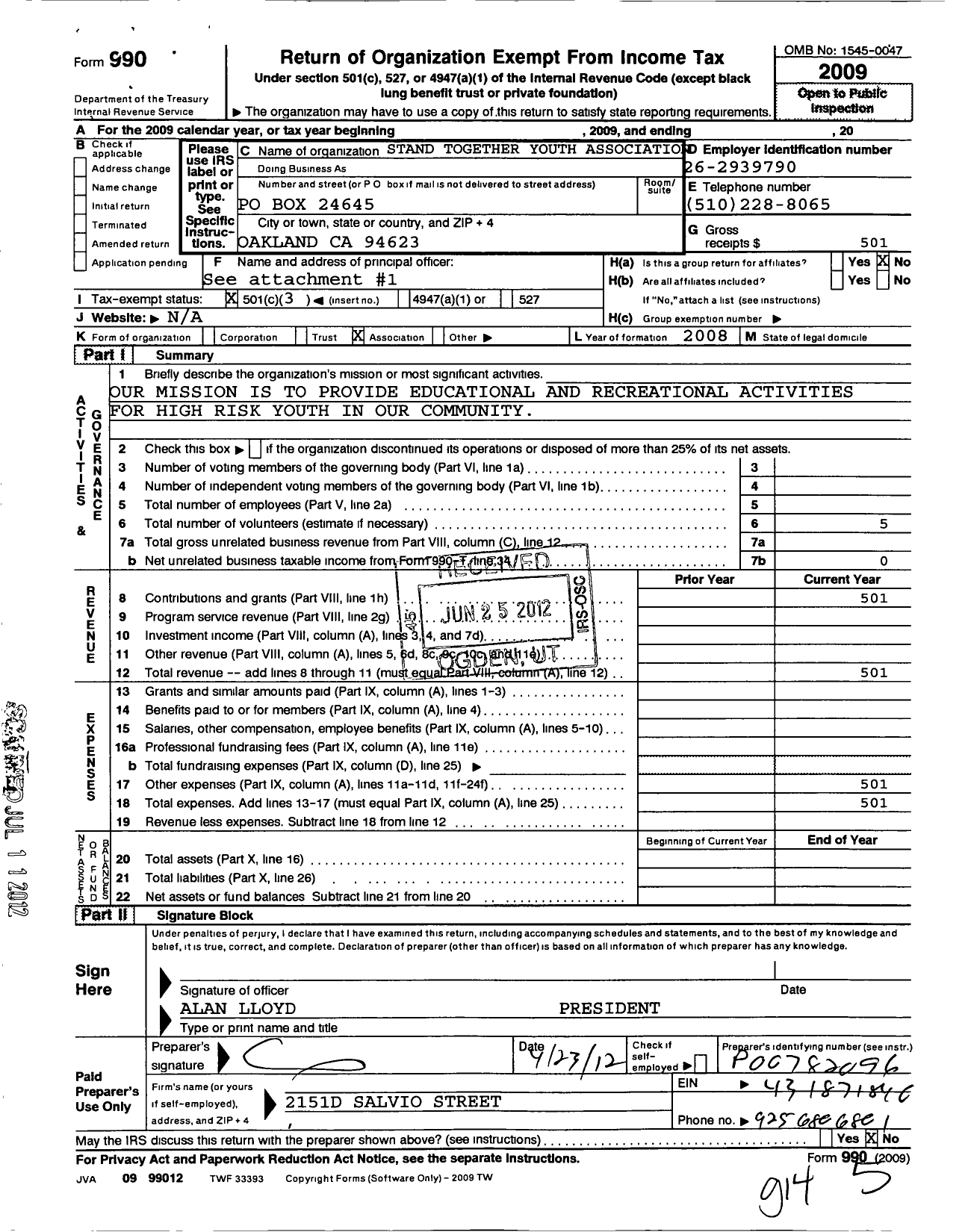 Image of first page of 2009 Form 990 for Stand Together Youth Association