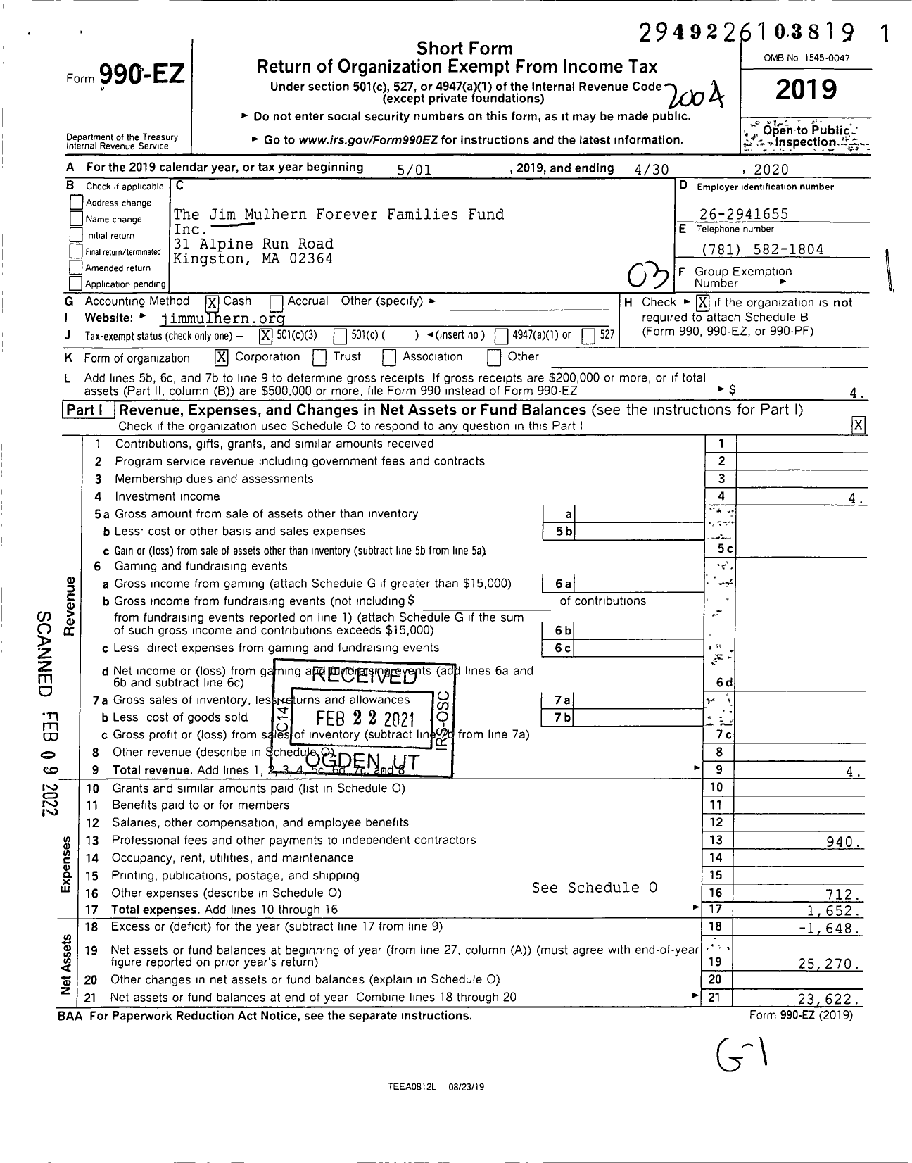 Image of first page of 2019 Form 990EZ for The Jim Mulhern Forever Families Fund