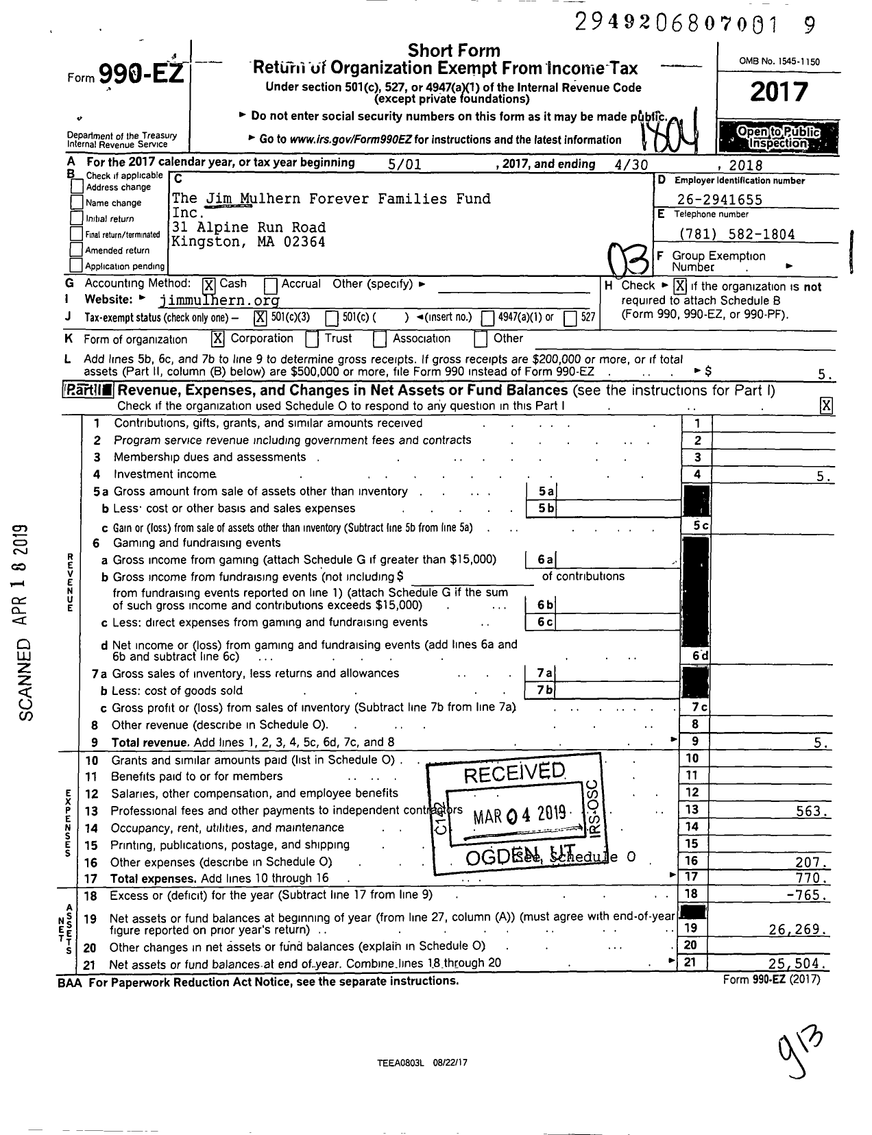 Image of first page of 2017 Form 990EZ for The Jim Mulhern Forever Families Fund