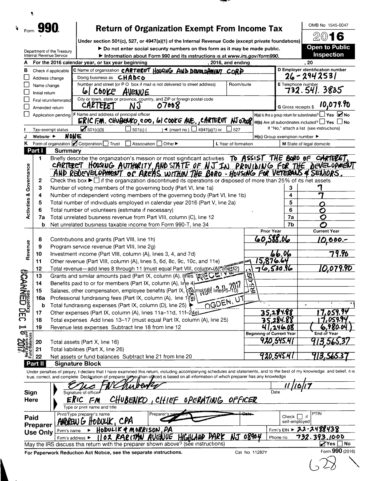 Image of first page of 2016 Form 990 for Chadco