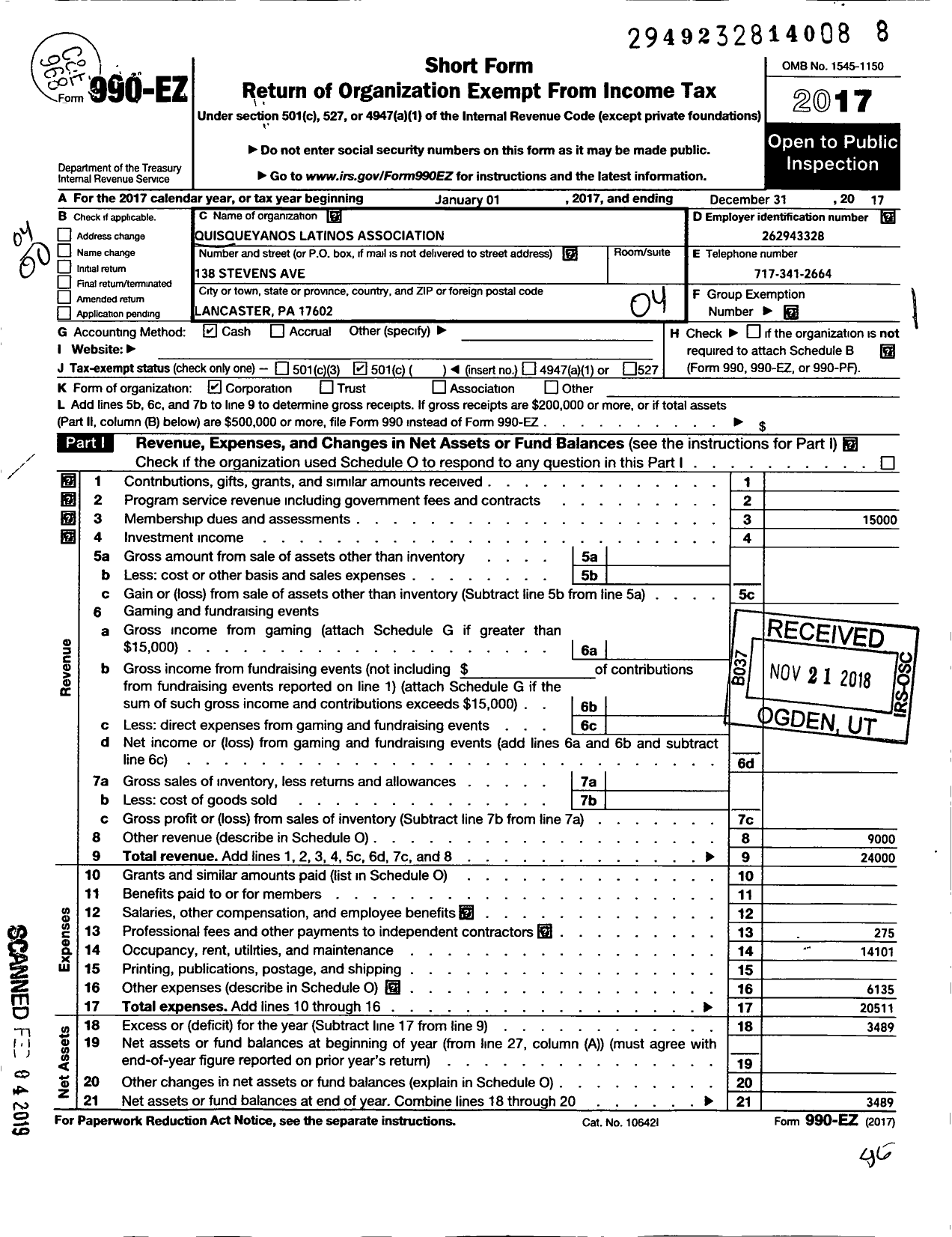 Image of first page of 2017 Form 990EO for Quisqueyanos Latinos Association