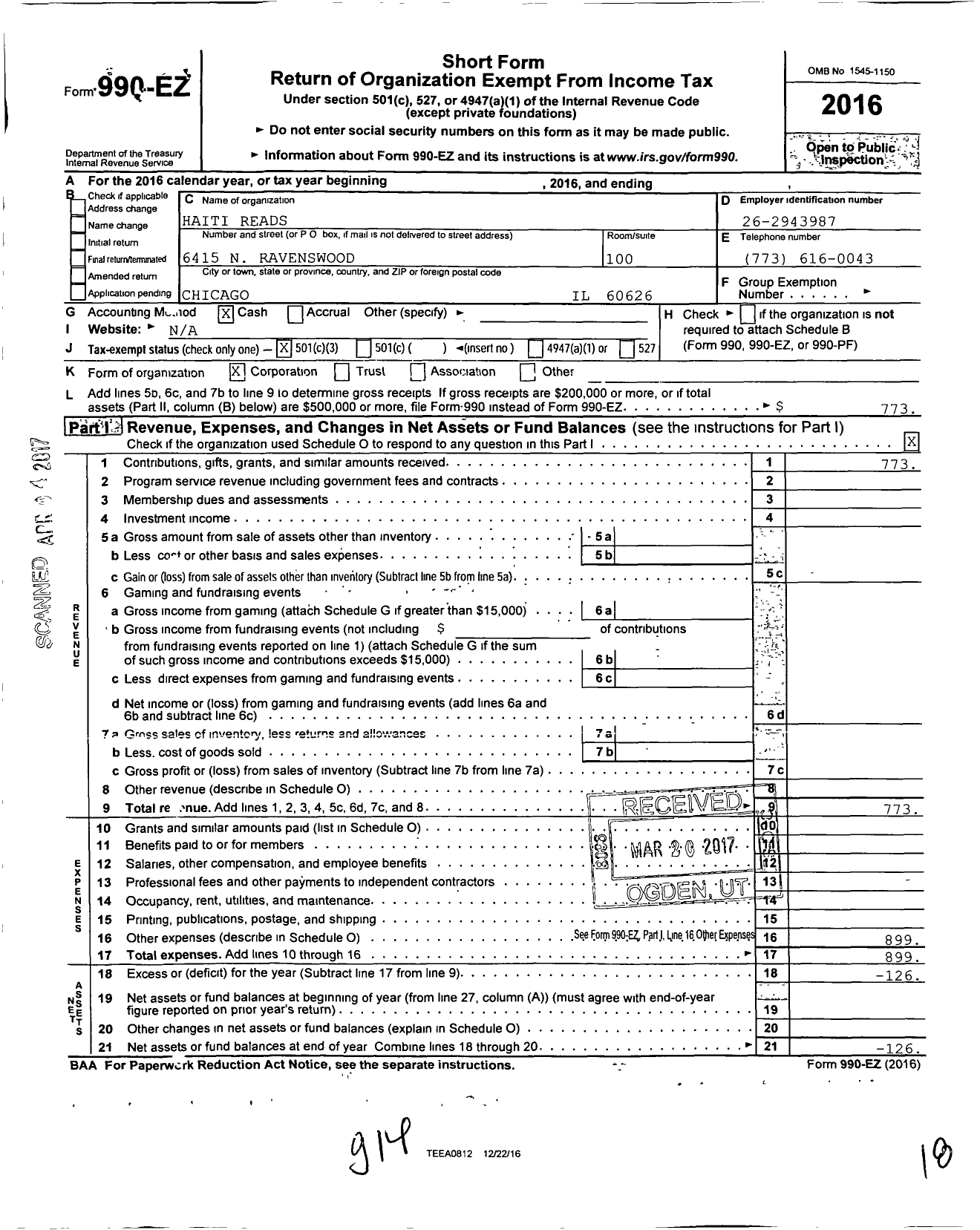 Image of first page of 2016 Form 990EZ for Haiti Reads