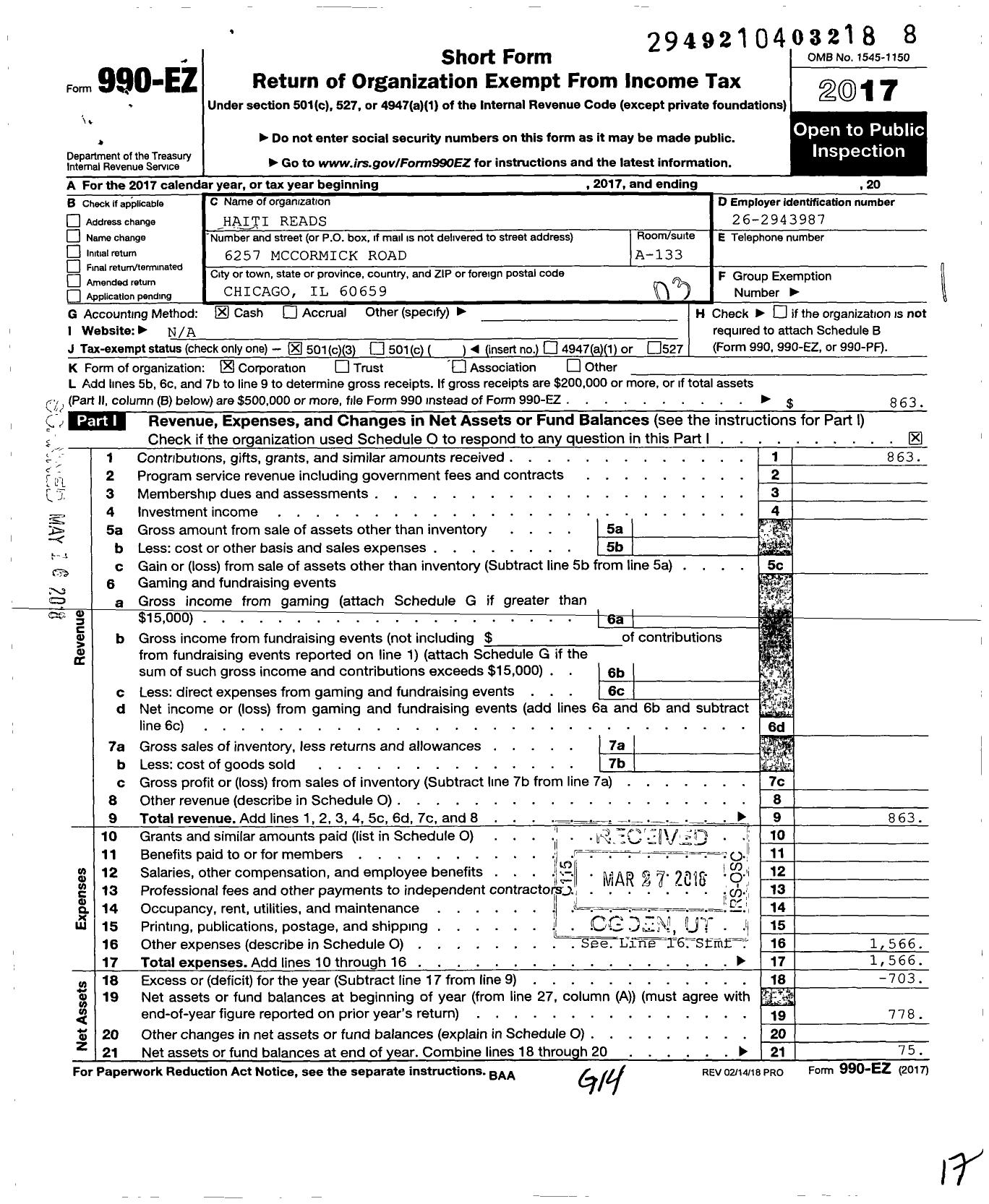 Image of first page of 2017 Form 990EZ for Haiti Reads