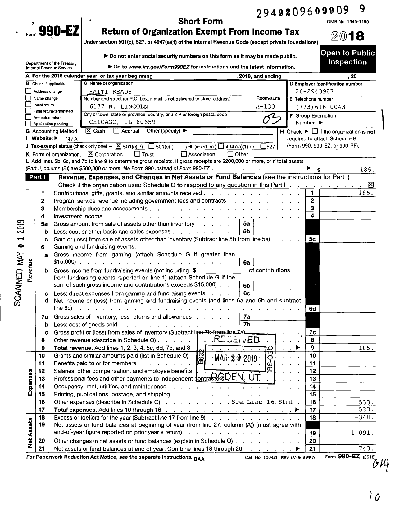 Image of first page of 2018 Form 990EZ for Haiti Reads