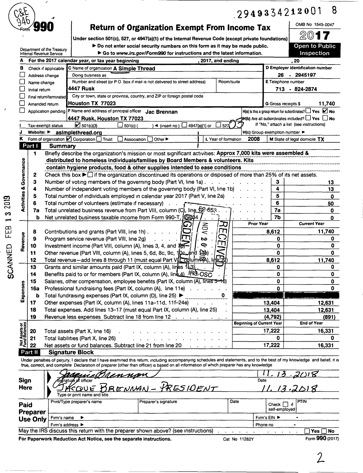 Image of first page of 2017 Form 990 for A Simple Thread