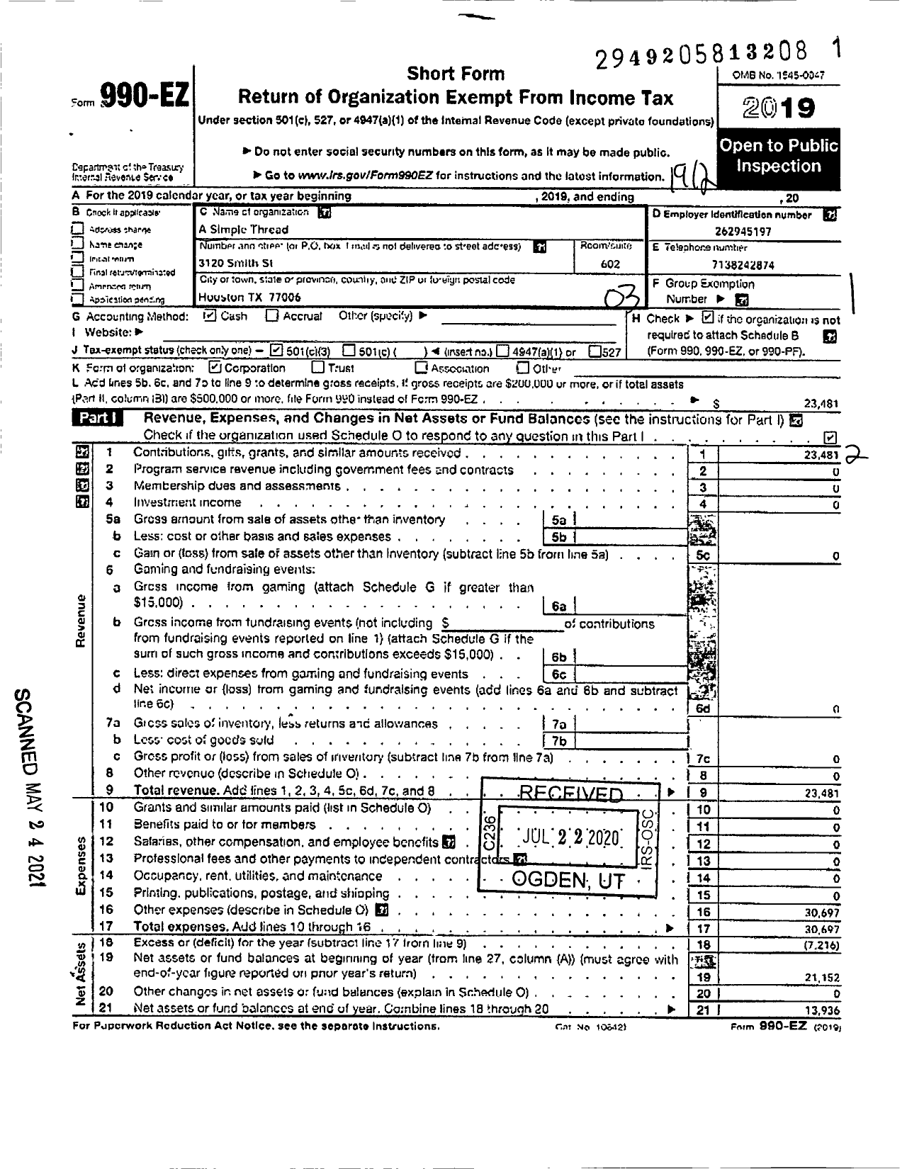 Image of first page of 2019 Form 990EZ for A Simple Thread