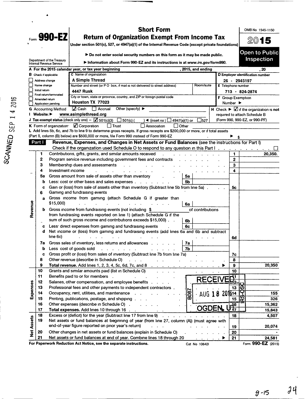 Image of first page of 2015 Form 990EZ for A Simple Thread