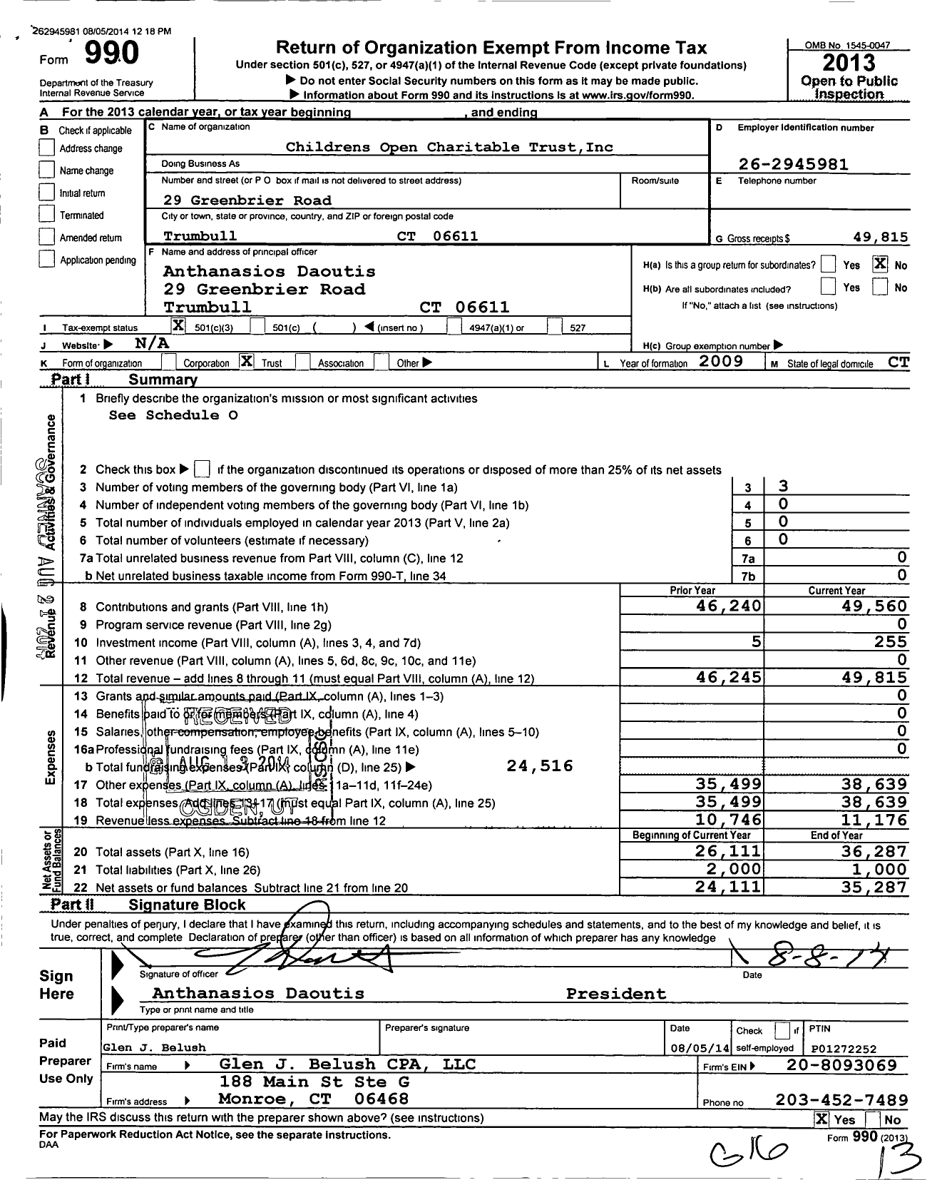 Image of first page of 2013 Form 990 for Childrens Open Charitable Trust