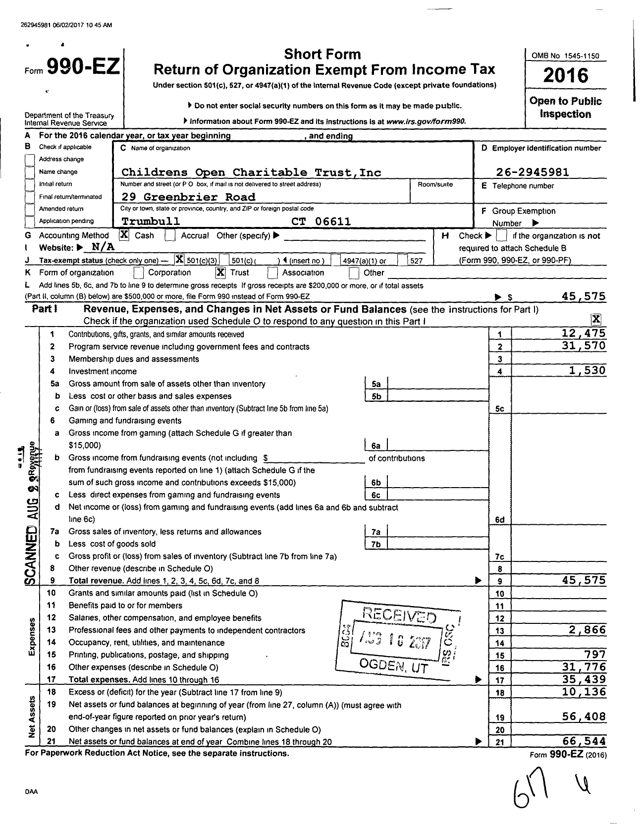 Image of first page of 2016 Form 990EZ for Childrens Open Charitable Trust