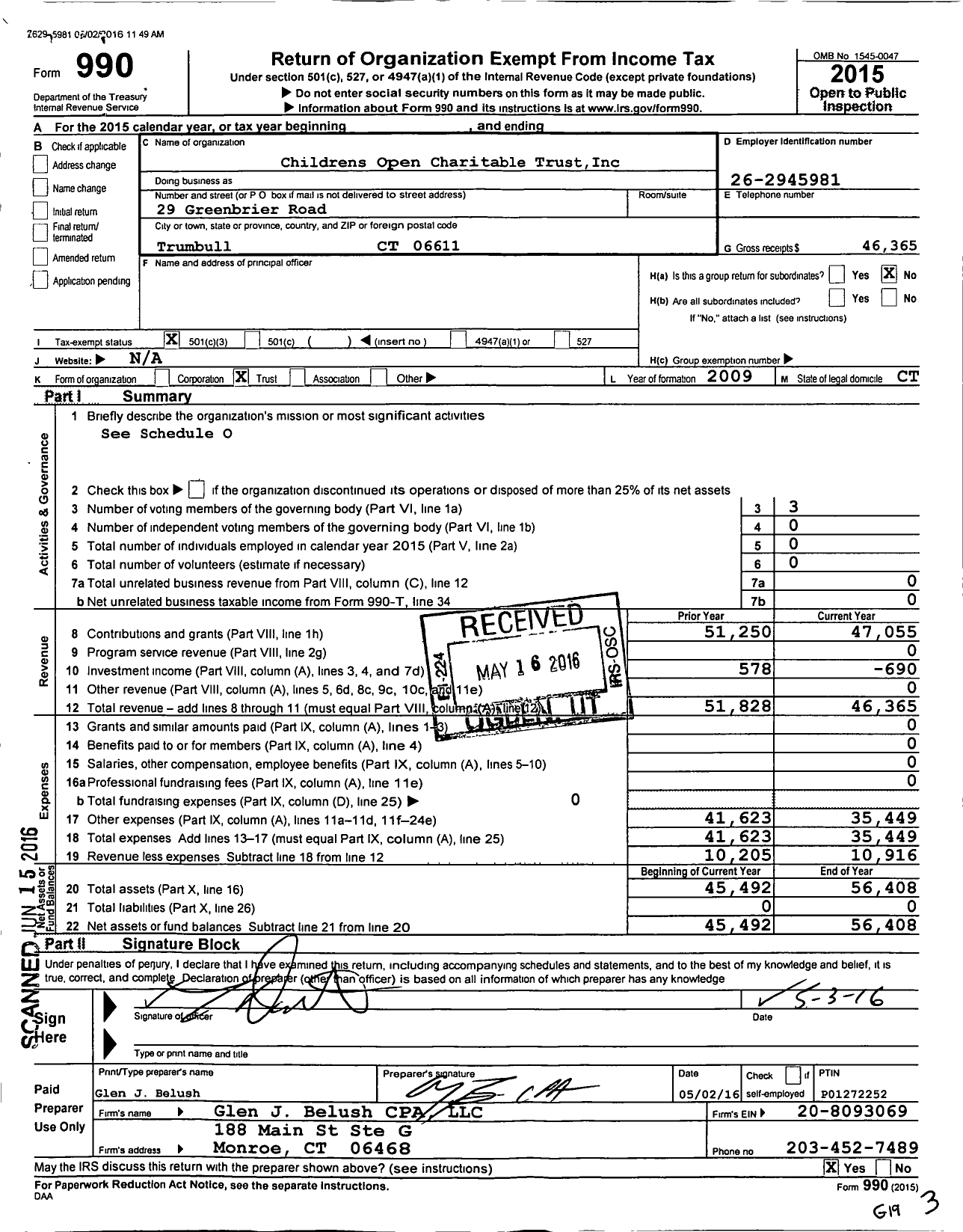 Image of first page of 2015 Form 990 for Childrens Open Charitable Trust