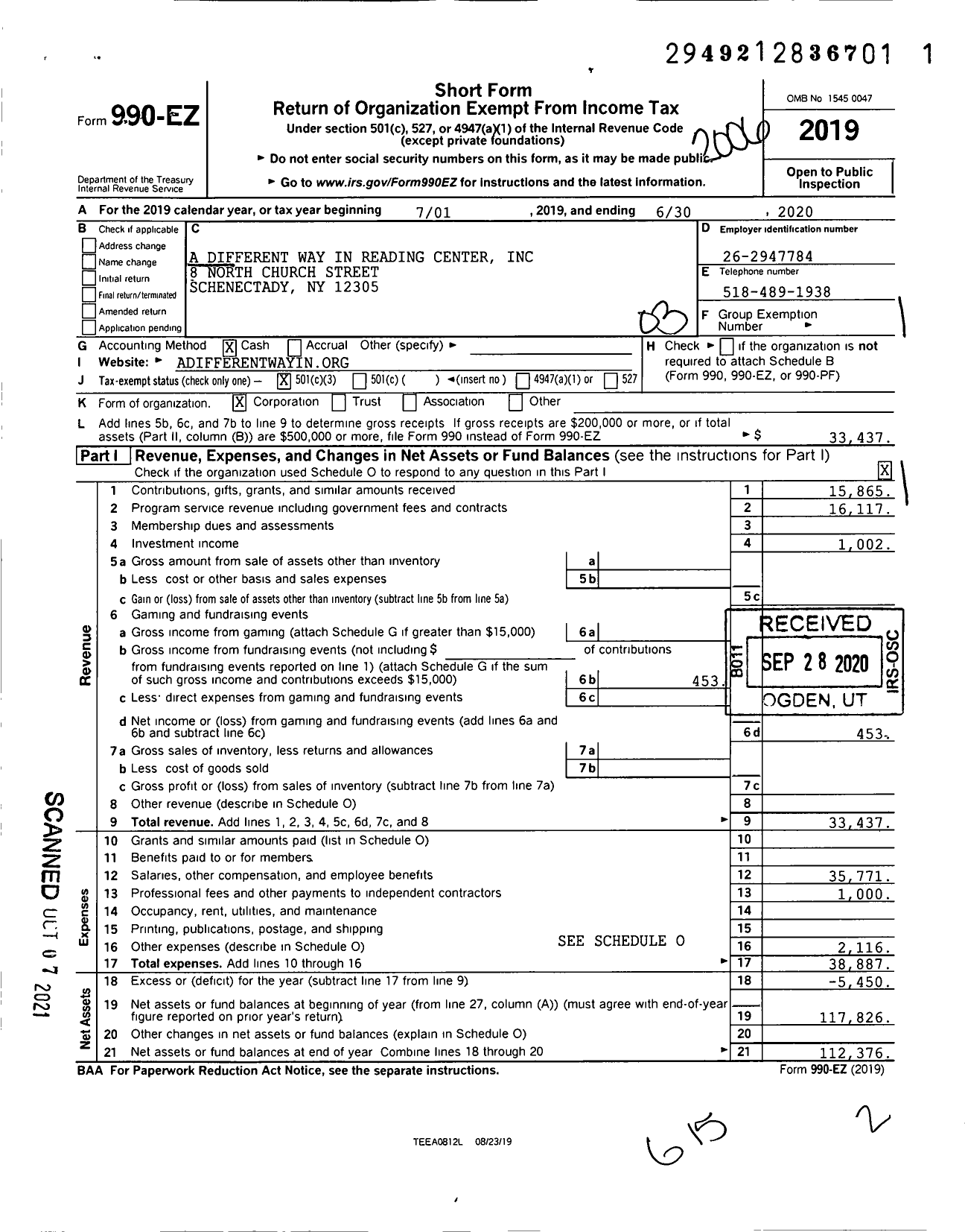 Image of first page of 2019 Form 990EZ for A Different Way in Reading Center