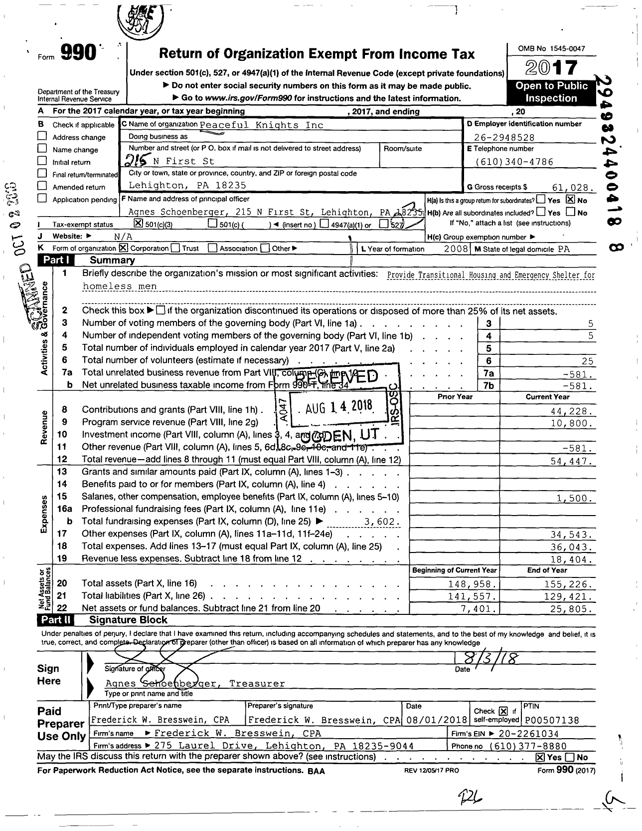 Image of first page of 2017 Form 990 for Peaceful Knights