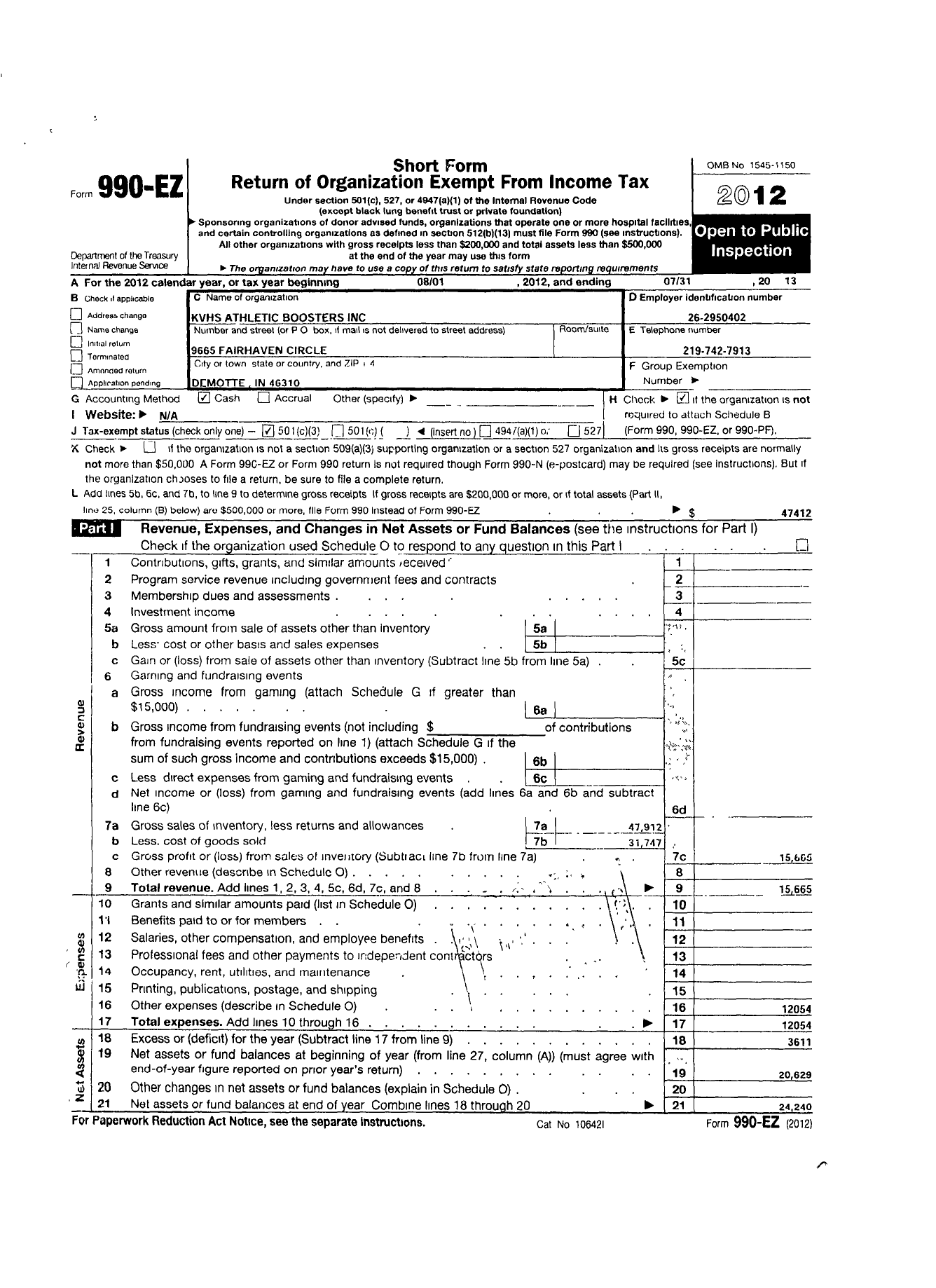 Image of first page of 2012 Form 990EZ for KVHS Athletic Boosters