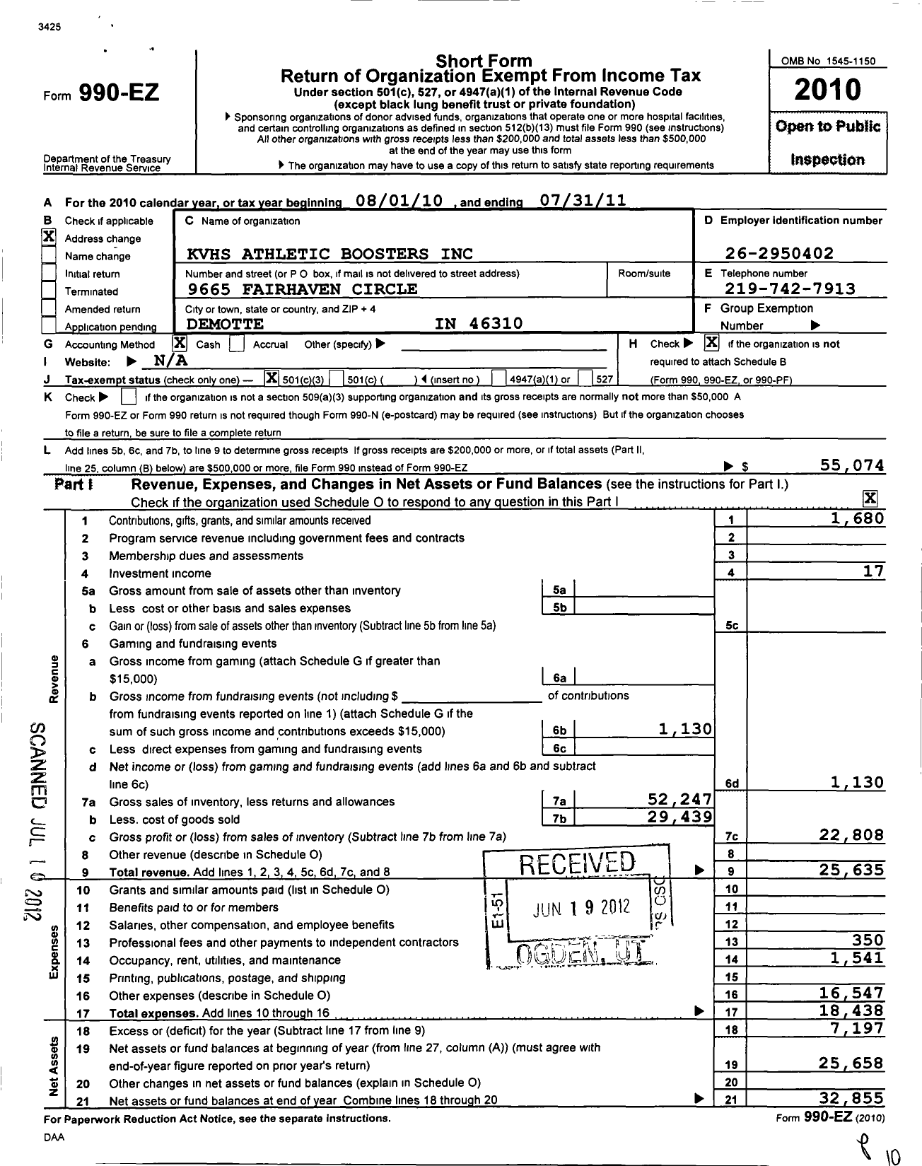 Image of first page of 2010 Form 990EZ for KVHS Athletic Boosters