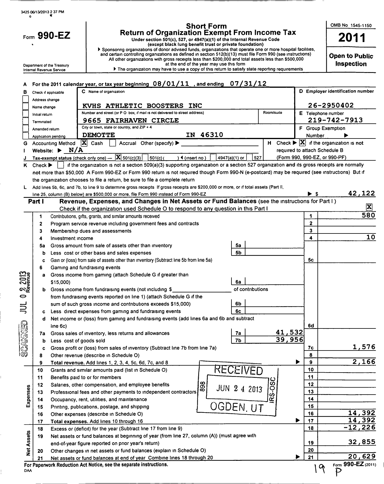 Image of first page of 2011 Form 990EZ for KVHS Athletic Boosters