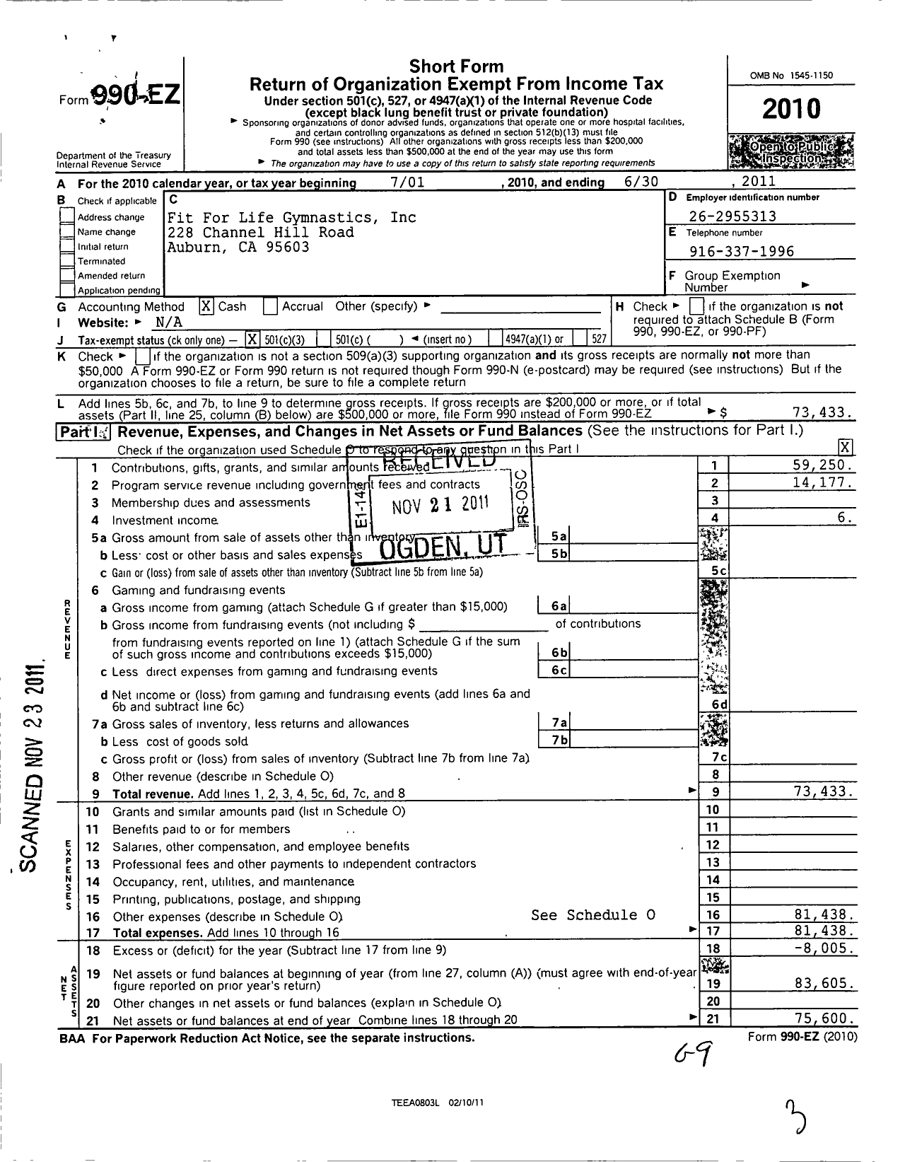 Image of first page of 2010 Form 990EZ for Fit For Life Gymnastics