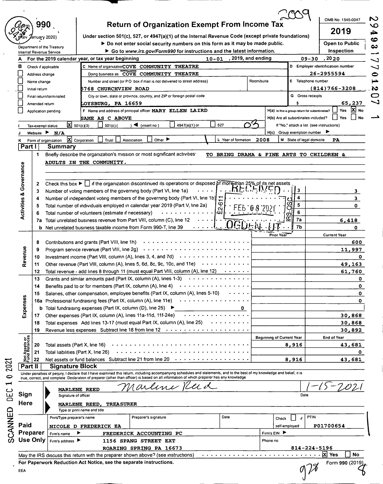 Image of first page of 2019 Form 990 for Cove Community Theatre