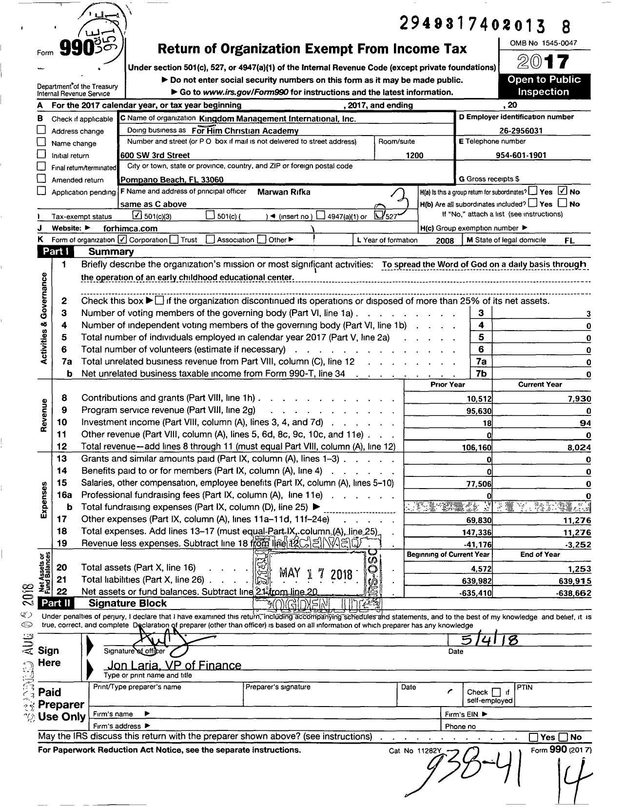 Image of first page of 2017 Form 990 for KINGDOM Management INTERNATIOnaL